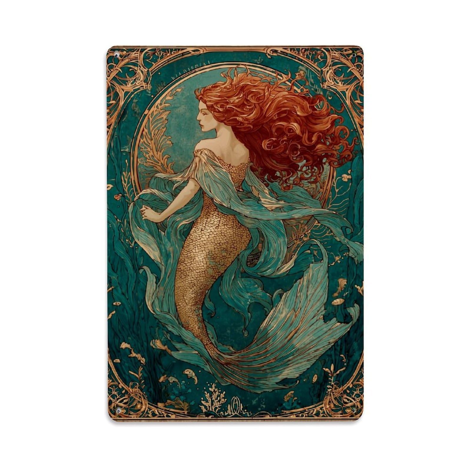 Nestemfo Vintage Art Nouveau Mermaid Illustration Print Tin Sign Metal Sign, Living Room,Bar, Home, Bedroom Wall Decor,Retro Metal Poster 8X12 Inches