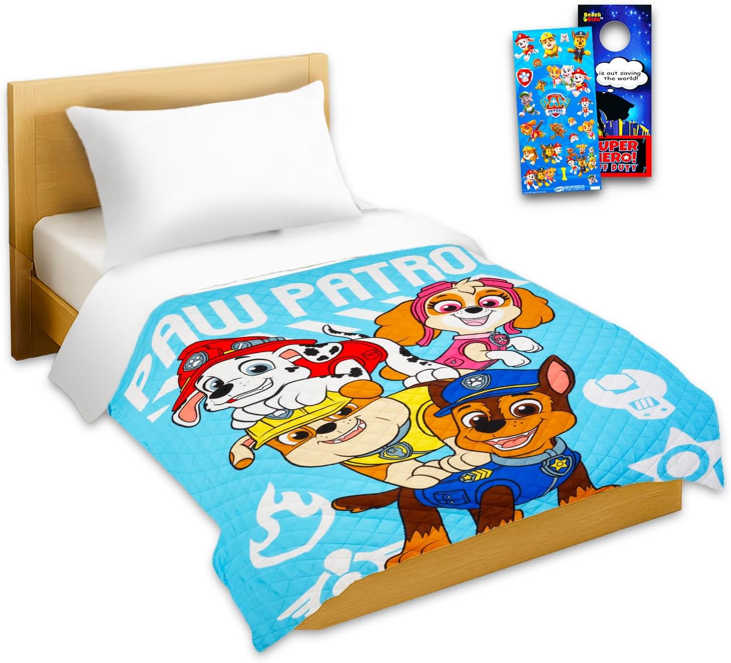Paw Patrol Bedspread Twin Set - Bundle with Quilted Bedspread for Twin Bed, Stickers, More | Paw Patrol Bedroom Decor Bedding Set for Boys, Girls