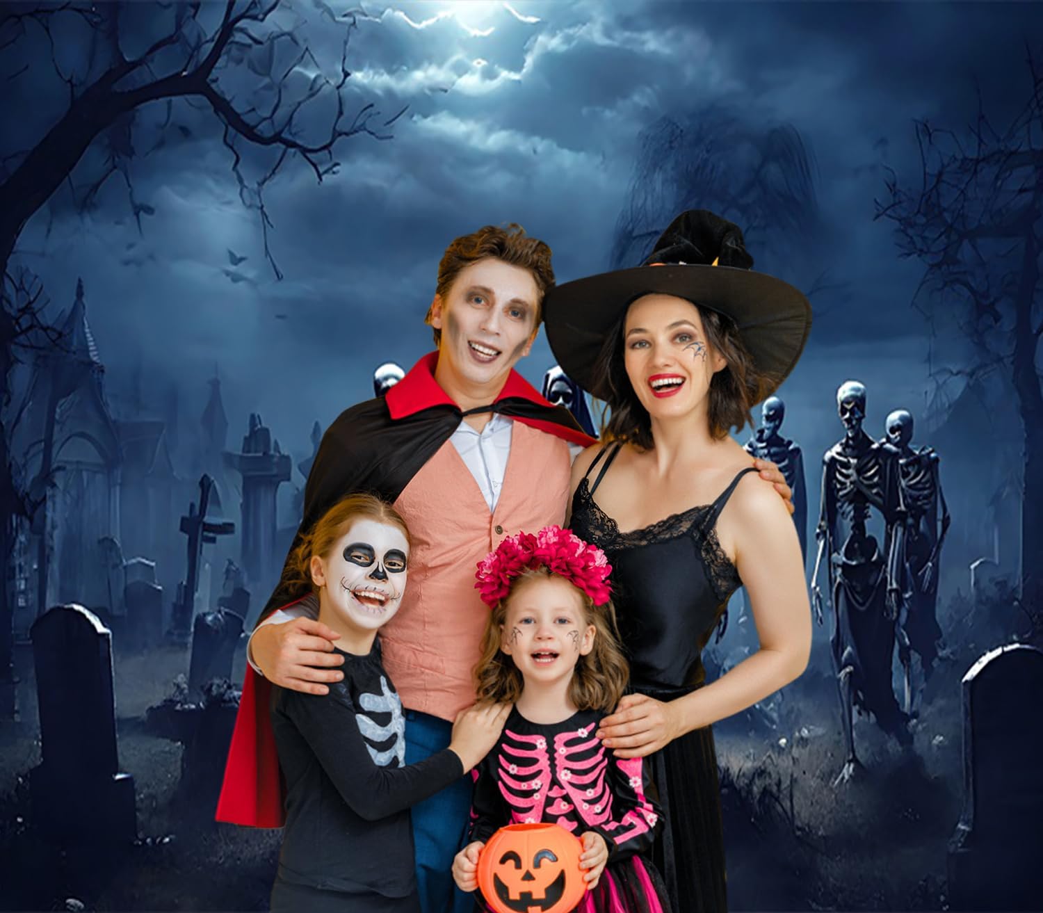 7x8ft Halloween Skeleton Graveyard Garage Door Decor Spooky Tombs Moonlit Sky Background Garage Door Cover for Halloween Theme Party Decor Photo Studio Shoot Props