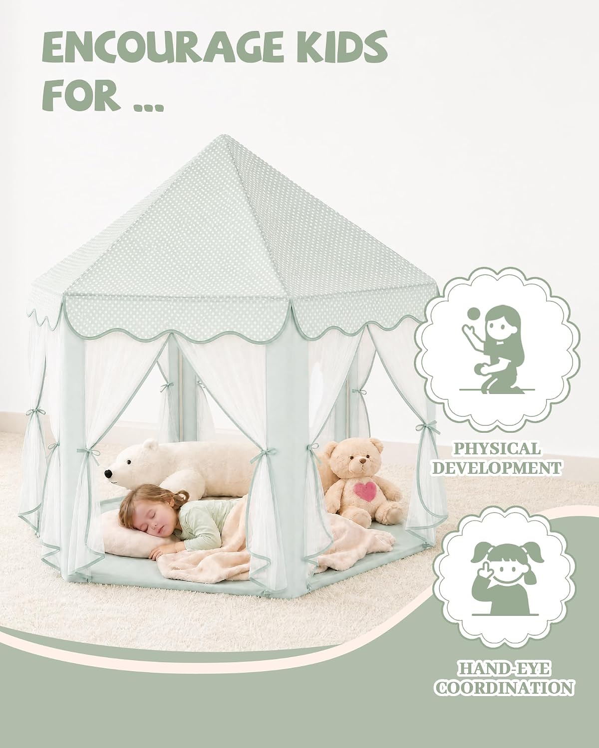 Princess Castle Tent for Girls Fairy Play Tents for Kids Hexagon Playhouse Fairy Toys for Children or Toddlers Indoor or Outdoor Games (Green Princess Tent) image 5