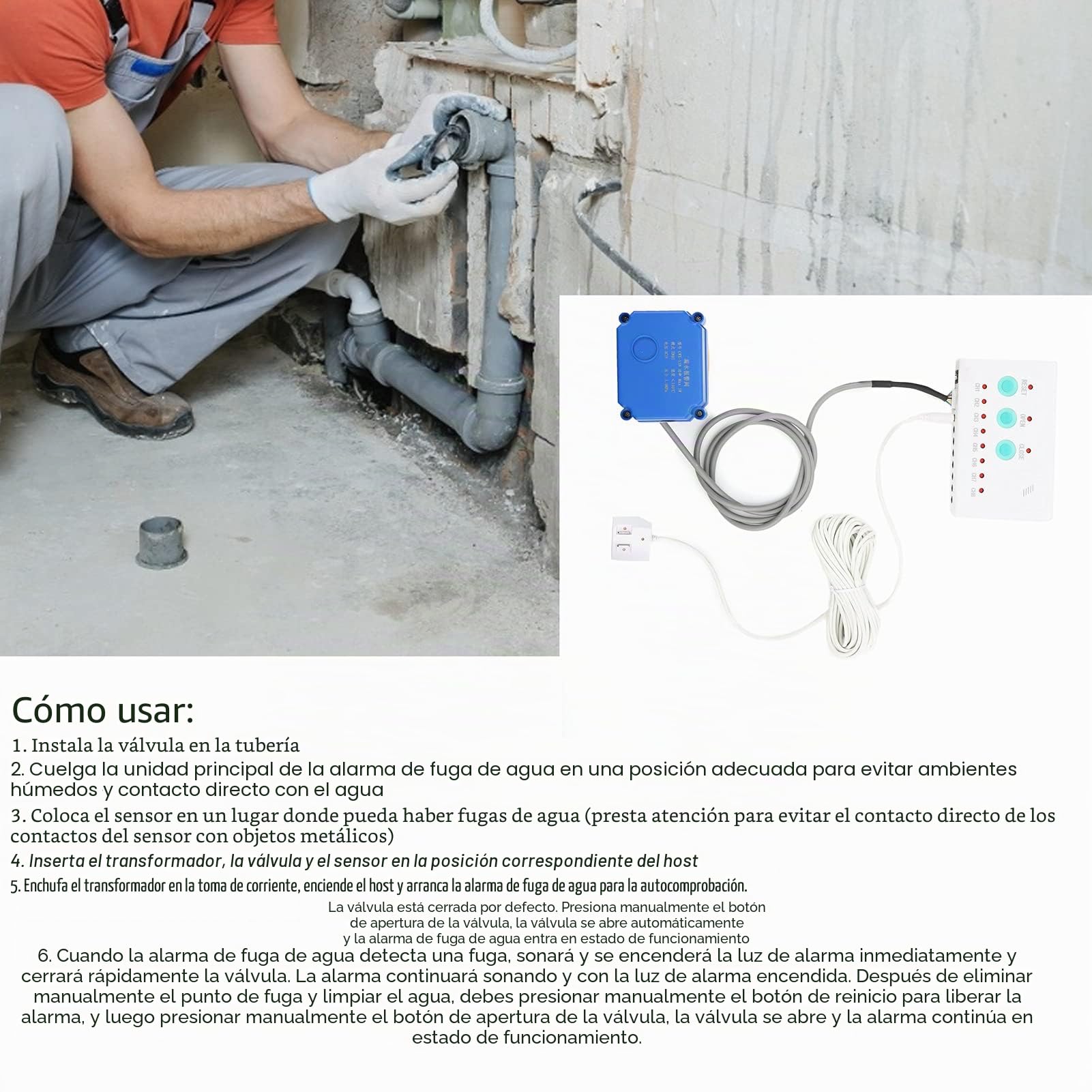 Sensor Detector de Alarma de Fugas de Agua, Sensor de Fugas de Agua con Válvula de Cierre DN25, Detección de Fugas de Alerta de Inundación con Indicador LED de Válvula de