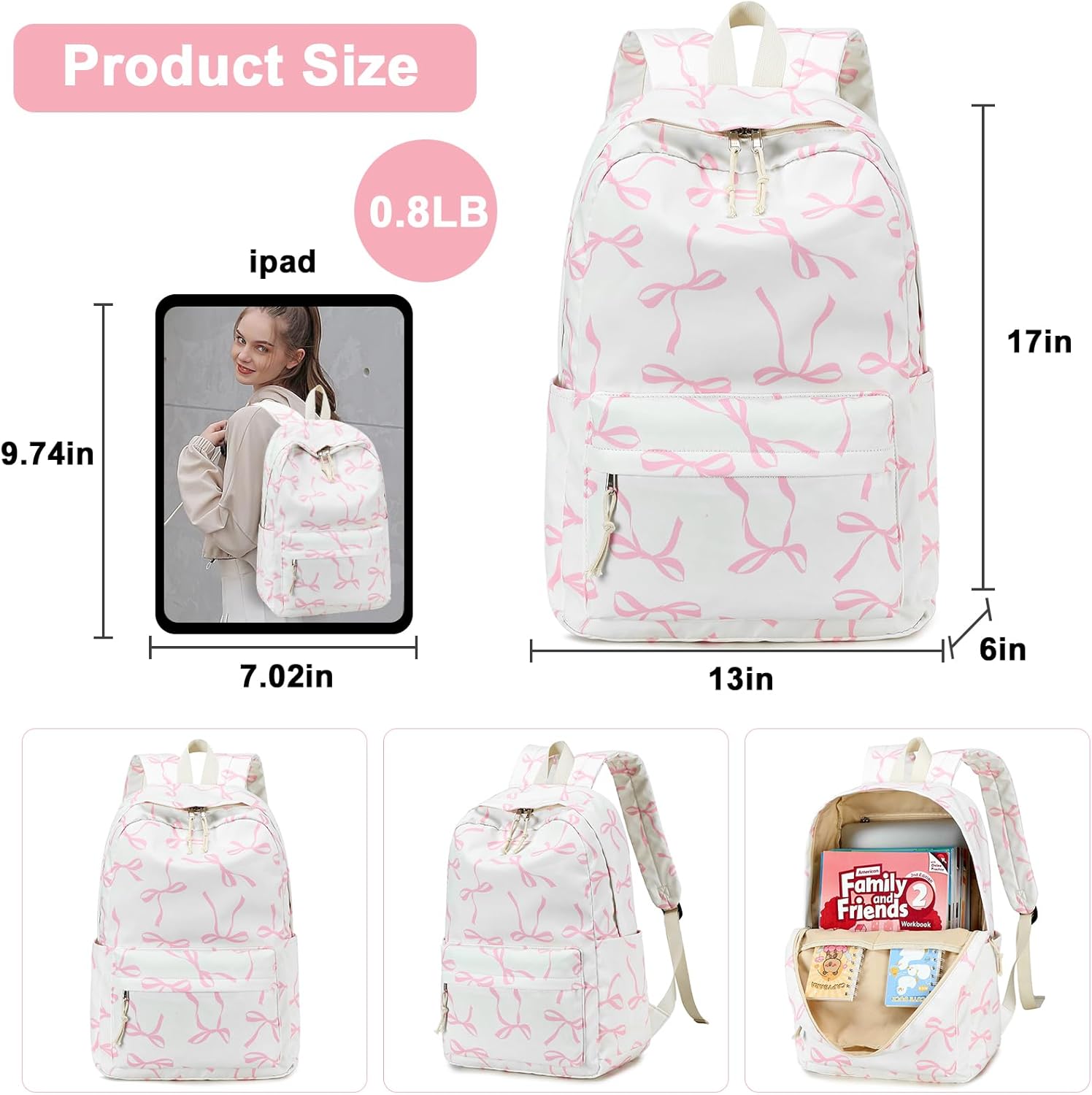 Bluboon Teen Girls School Backpack Kids Bookbag Set with Lunch Box Pencil Case Travel Laptop Backpack Casual Daypacks (Pink bow beige background)