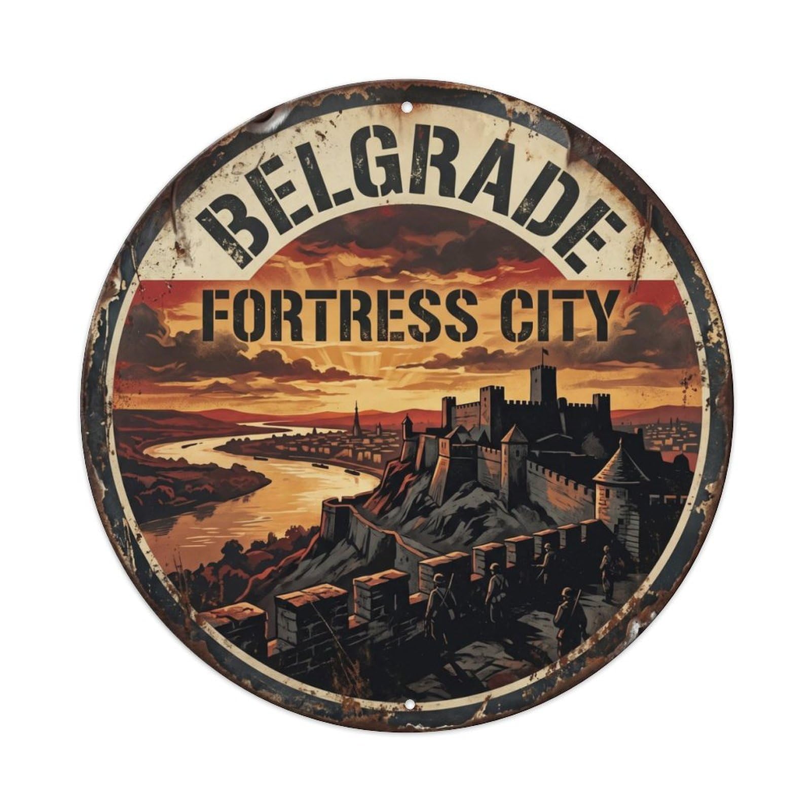 Vintage Travel Belgrade Fortress Serbia Metal Tin Sign Plaque Wall Decor for Cafe, Club Bar, Office, Home Garden Round Metal Poster 8x8Inch