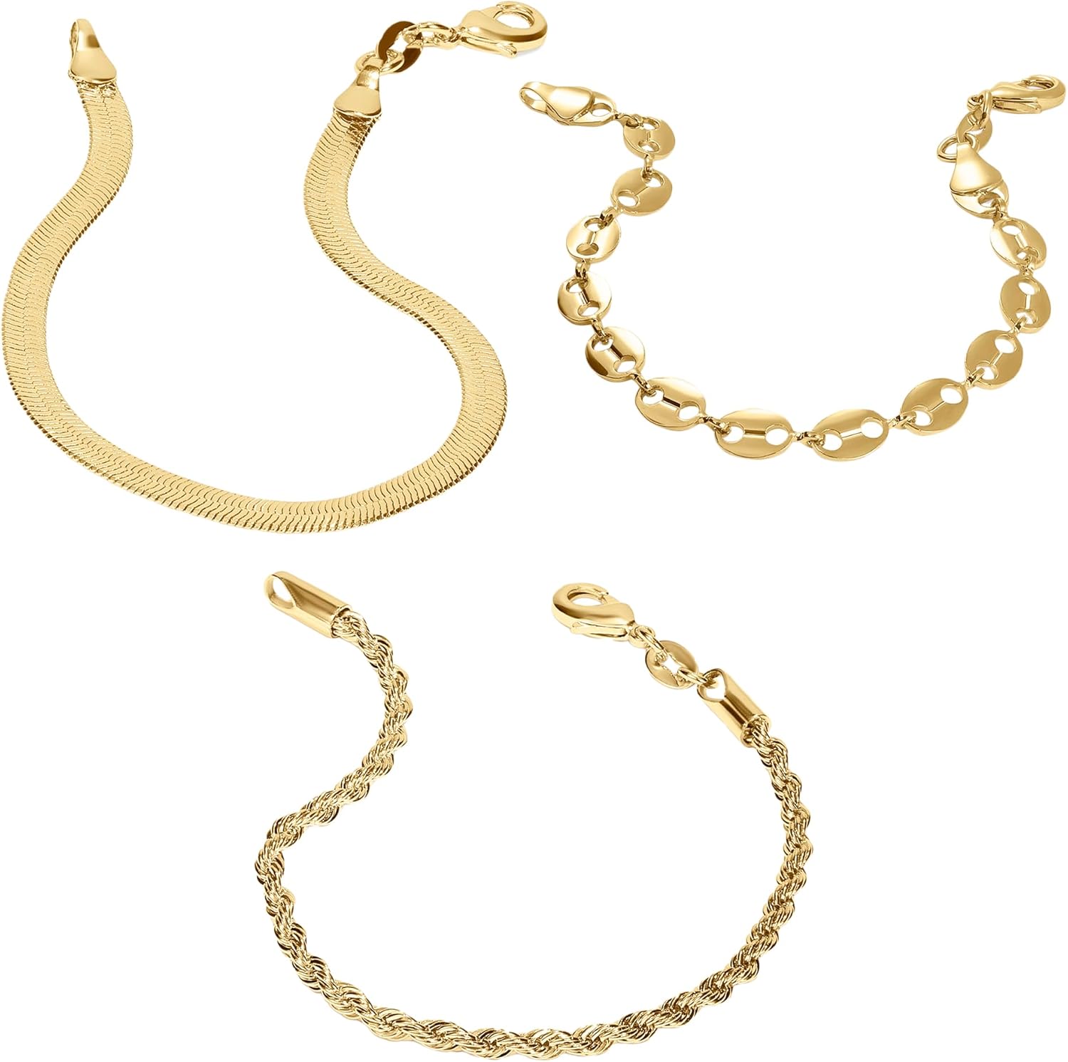 Statement Bracelet Set for Women – 3-Year Color Guarantee – Waterproof, Non-Tarnish, Hypoallergenic, Gold PVD Coated – Stackable Set for Beach, Weddings, Gifts – Includes 3 Bracelets, 7” Length