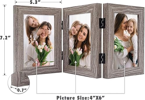 Miniatura 6 de Frametory, Marco de fotos triple de 4 x 6 pulgadas, marco de fotos con bisagras, tres marcos plegables para escritorio, marco de vidrio vertical