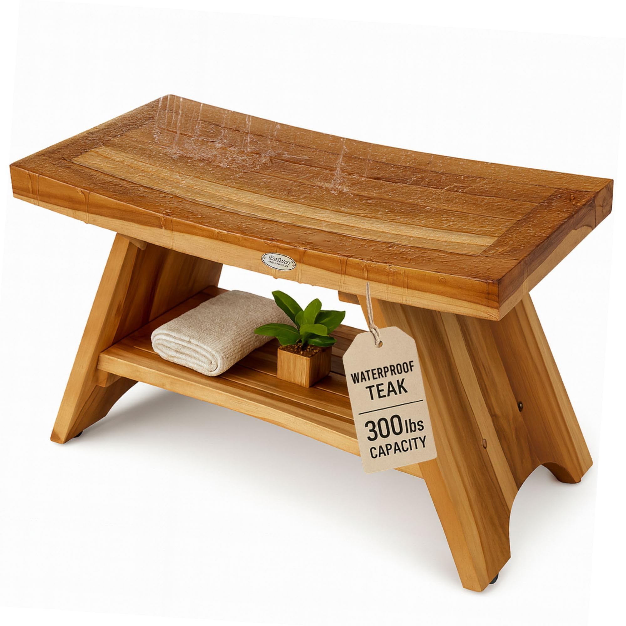 EcoDecors 30 Inch Serenity Teak Shower Bench – Waterproof Bathroom Seat with Large Storage Shelf For Adults & Seniors | Spa-Style Teak Wood Stool with