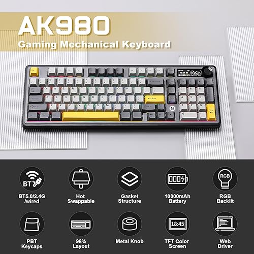 Miniatura 2 de AJAZZ AK980 Teclado inalámbrico con pantalla inteligente y perilla, teclado mecánico 98% Tri-Mode BT2.4GUSB-C, intercambiable en caliente, teclas