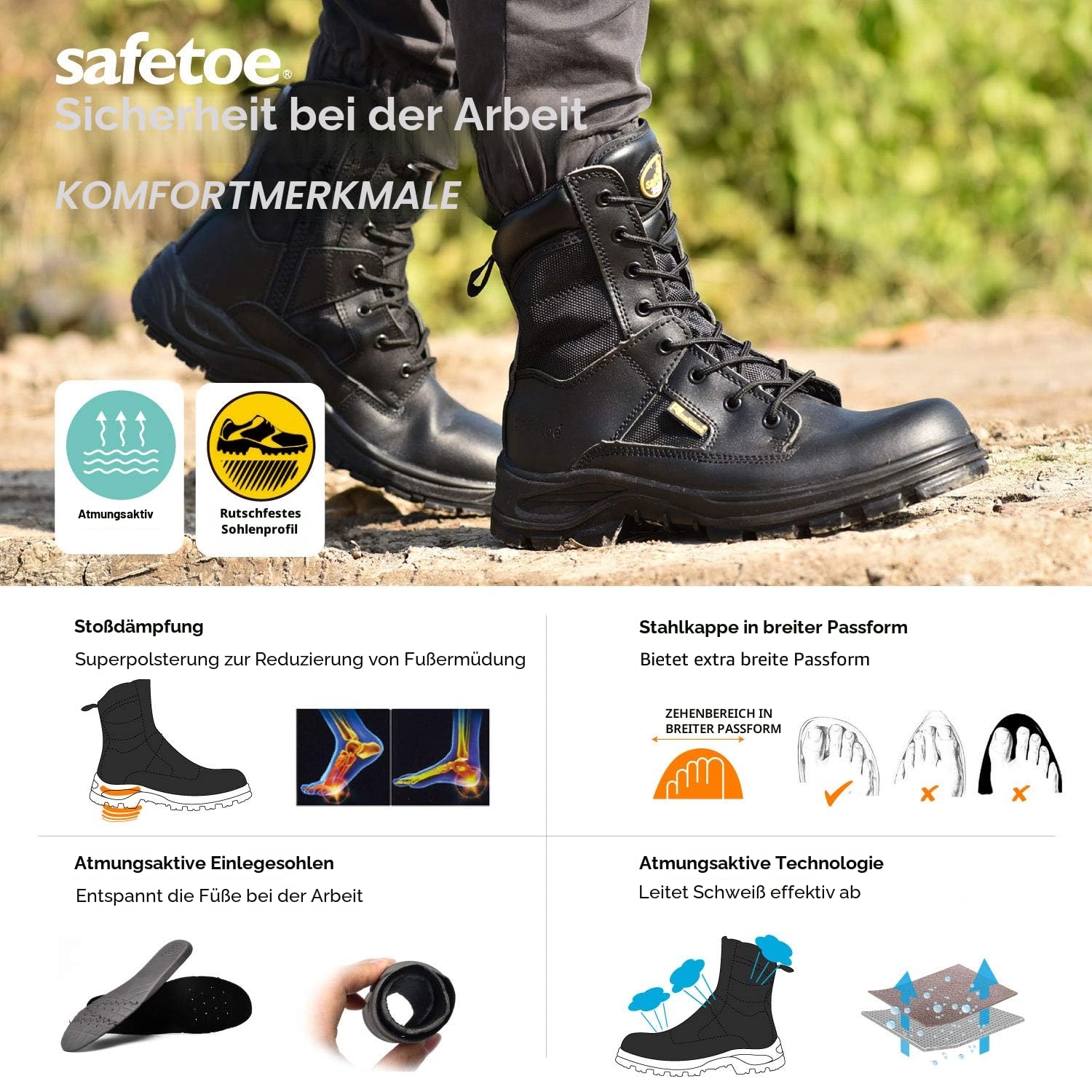 SAFEYEAR Militär & Arbeitsstiefel für Herren & Damen, wasserdichtes Echtleder, Stahlkappe & Stahlsohle, rutschfeste SRC-Sohle, breite Passform 4E, seitlicher Reißverschluss, S3 ESD