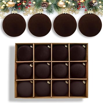 Coffee Velvet Ornaments for Christmas Tree - 12PCS Velvet Christmas Ornaments Balls 2.36 - Brown Flocked Christmas Ornaments Baubles Shatterproof Xmas Tree Home Party Decorations Coffee
