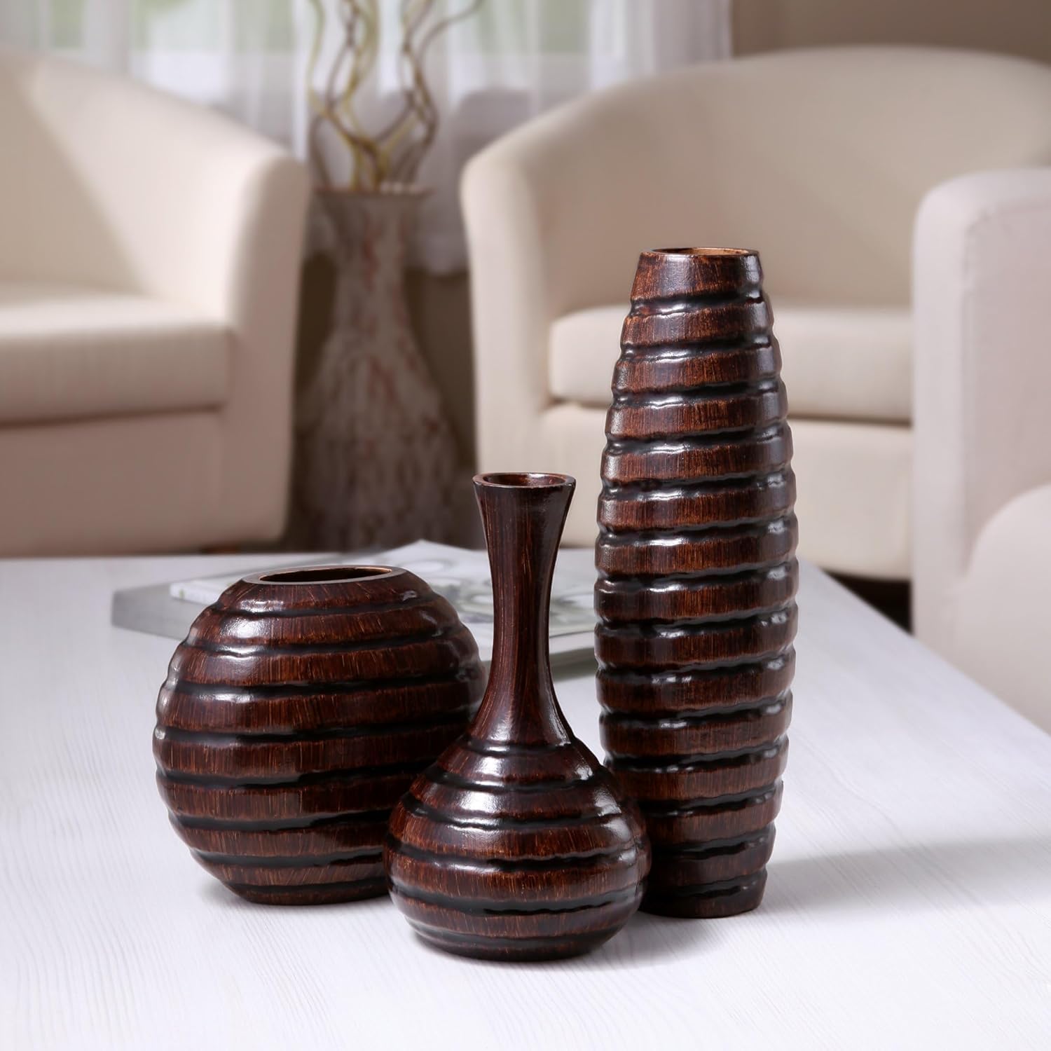 Hosley's Set of 3 Carved Wood Vases Small 6" Medium 8" and Tall 12" High. Ideal Gift for Floral Arrangements Wedding and Use for Home Office Decor Fireplace Floor Vases Spa Aromatherapy Settings