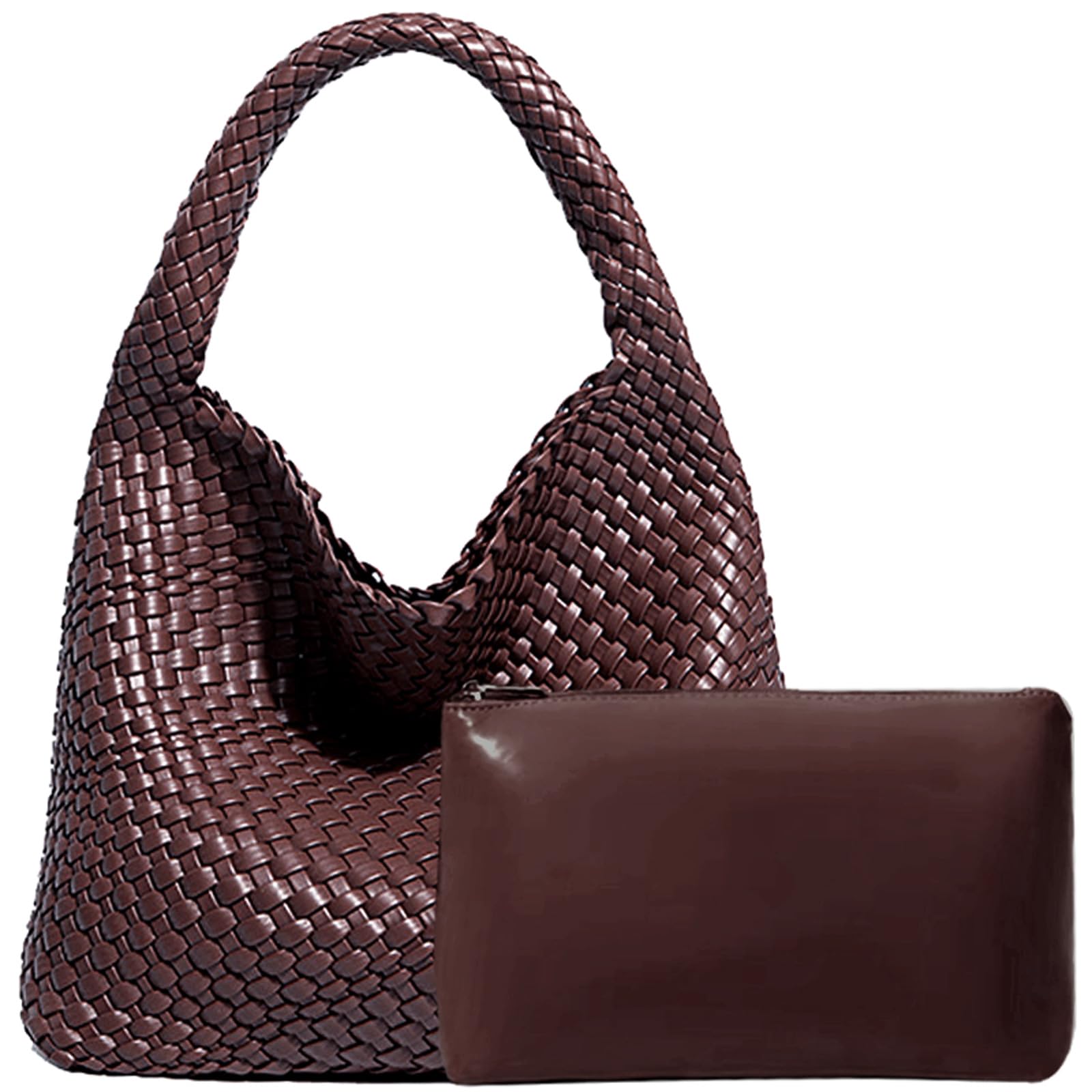 JINMANXUE Women Vegan Leather Hand-Woven Tote Handbag Fashion Shoulder Top-handle Bag All-Match Underarm Bag with Purse, Coffee