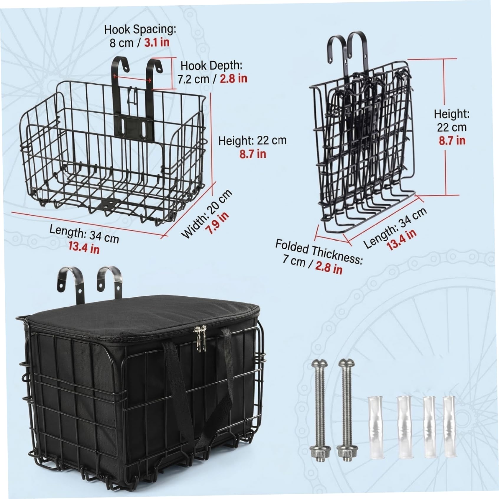 Cesta Delantera para Bicicleta, Cesta de Metal Plegable Resistente con Bolsa Interior, cestas de Carga de fácil Montaje para montaña, Ciudad, Accesorios para Bicicletas eléctricas, para