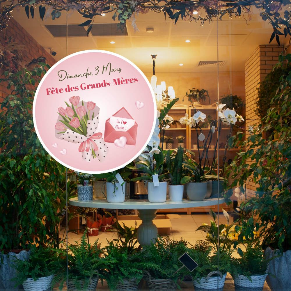 Adzif.biz Le sticker de decoration - Sticker Vitrine Fête des Grands Mères Date Personnalisable, Autocollant décoratif fête des mamies à Personnaliser pour vitrine commerçant