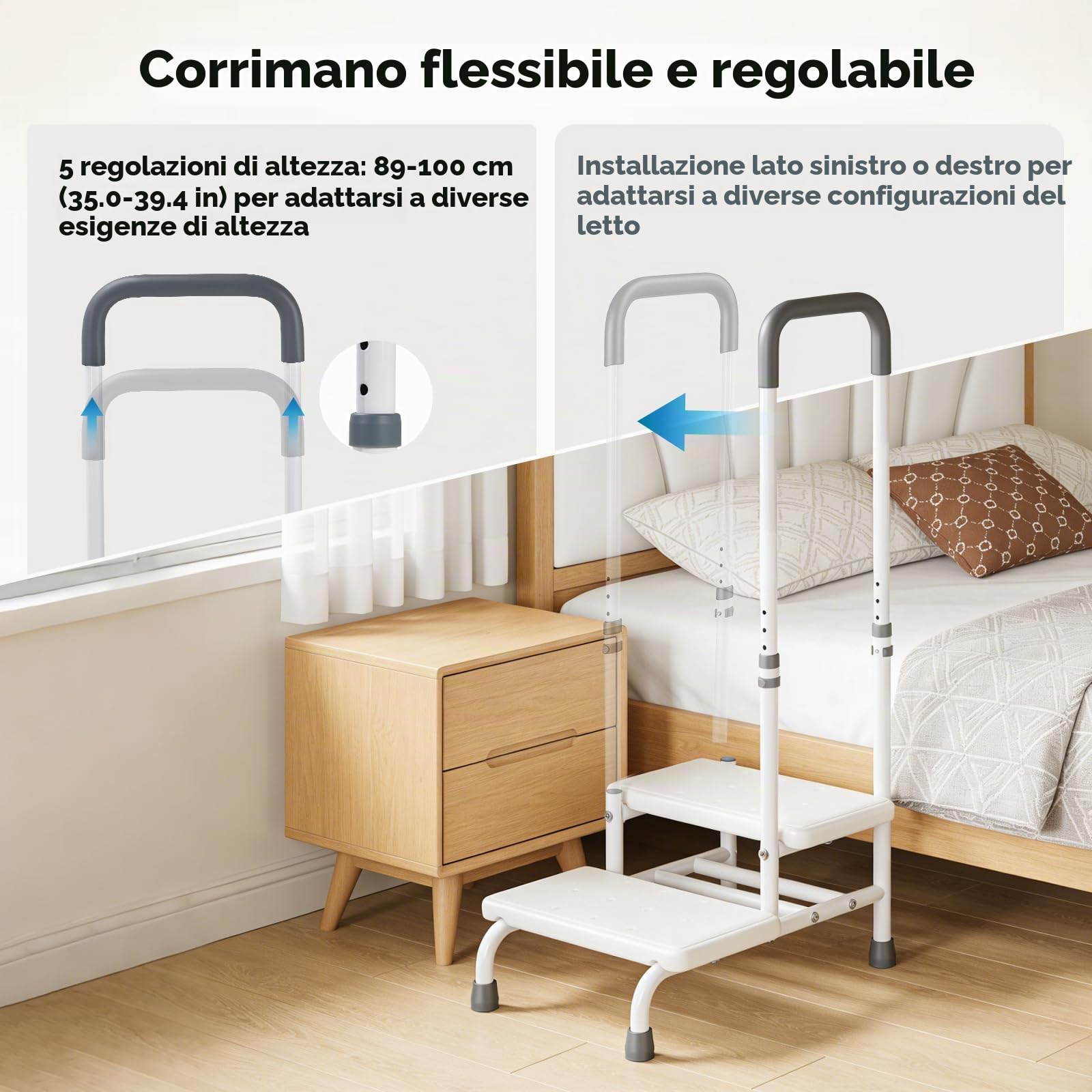 Sgabello con Gradino con Maniglia - Gradino di Sicurezza Mobile con Bracciali Regolabili e Scale Antiscivolo a 2 Livelli, Fino a 135kg, per Anziani e Disabili e Bambini, Letto, Vasca