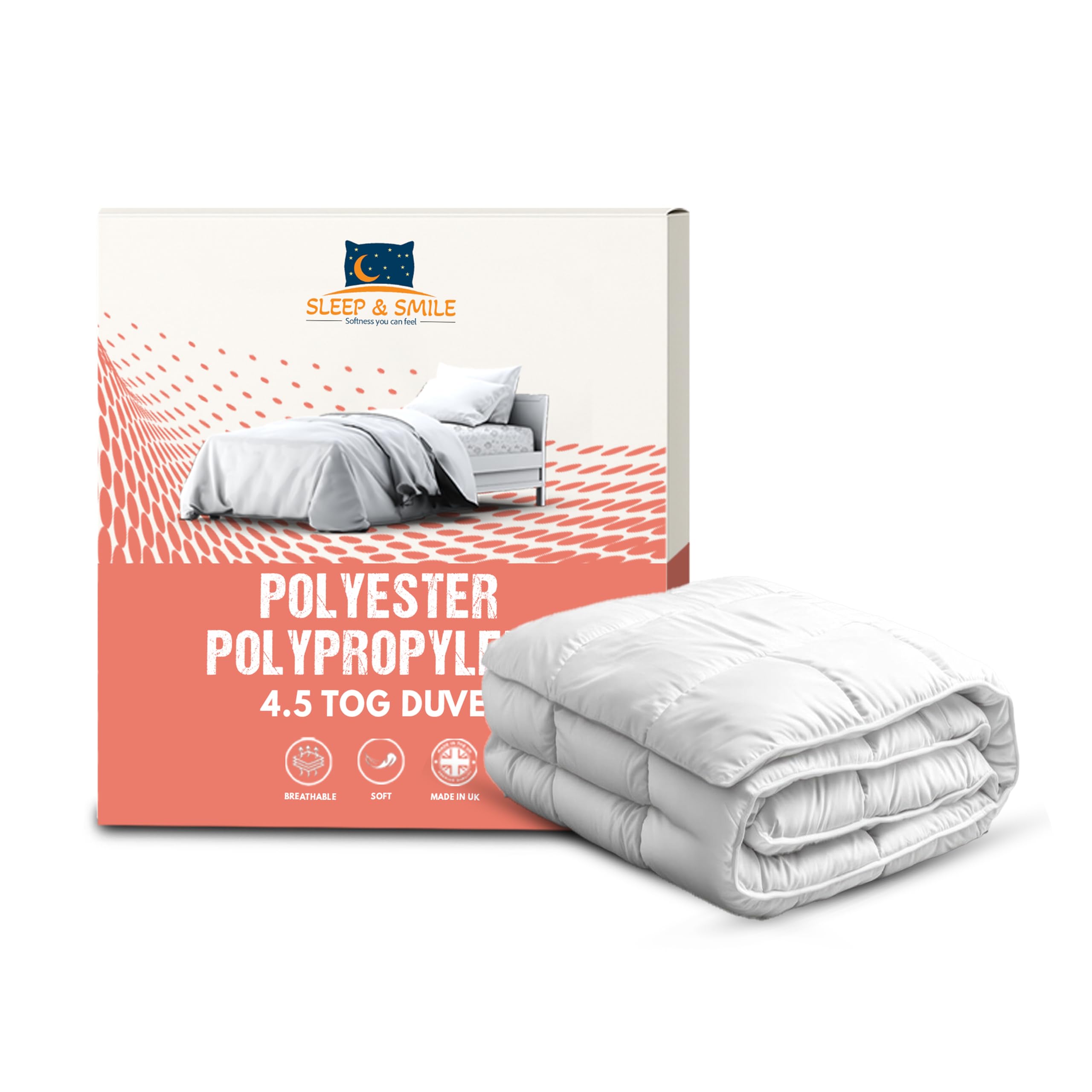 Sleep&Smile 4.5 Tog Polyester Polypropylene (Teabag Type) Hollowfibre Duvet/Quilt, Double, Non Allergenic, Uk Made