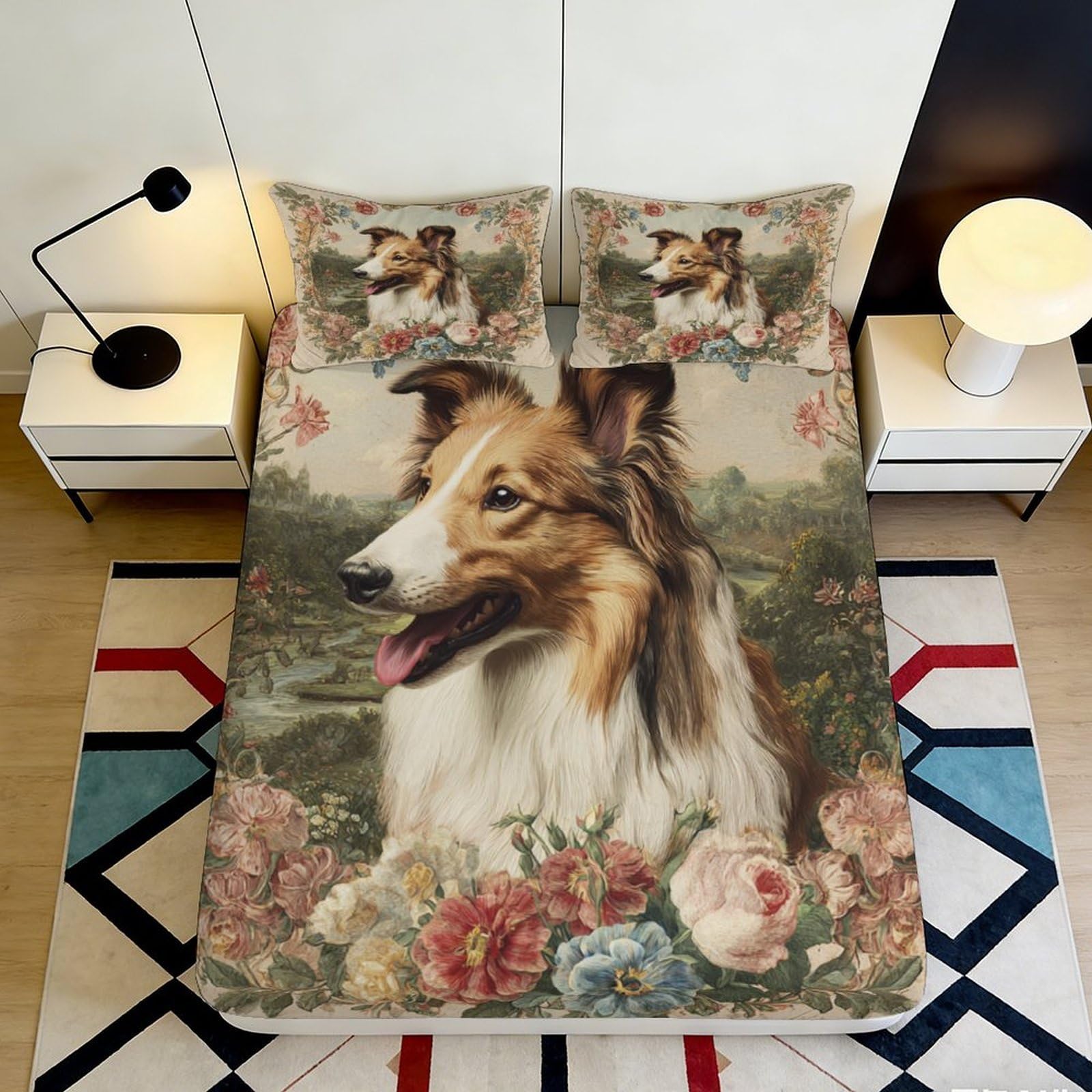 3D Printed Collie Dog Floral Fitted Sheet Microfiber Anti-Slip Bed Cover for Bedroom Guest Room Machine Washable Decor 140x200x25cm
