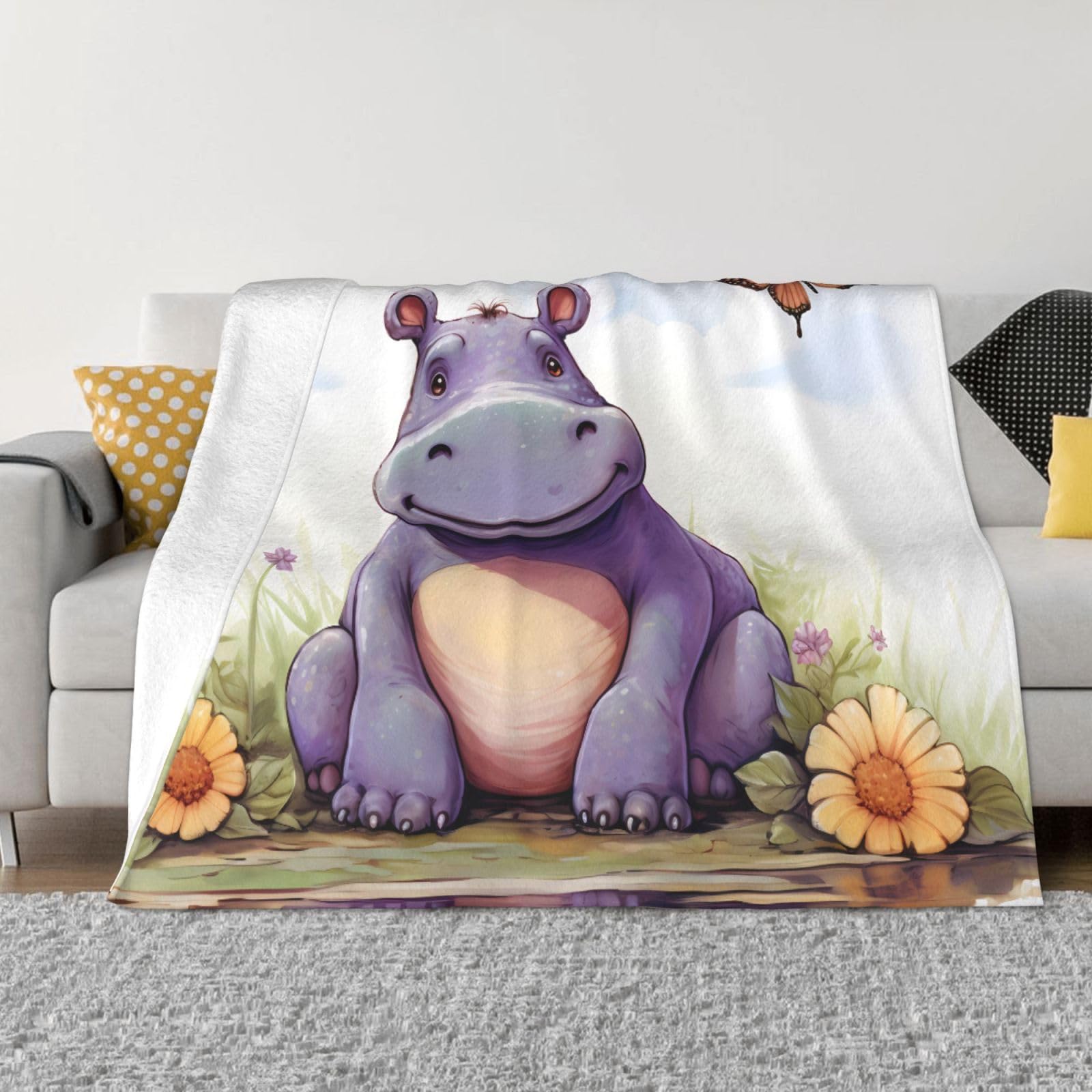 KLOPH Butterfly and Hippo Throw Blanket 50"x40" Flannel Fluffy Warm Blanket for Couch, Reversible Plush Blankets for Bed, Comfy Fuzzy Blanket for Sofa, Plush Lightweight-Blankets for All Season