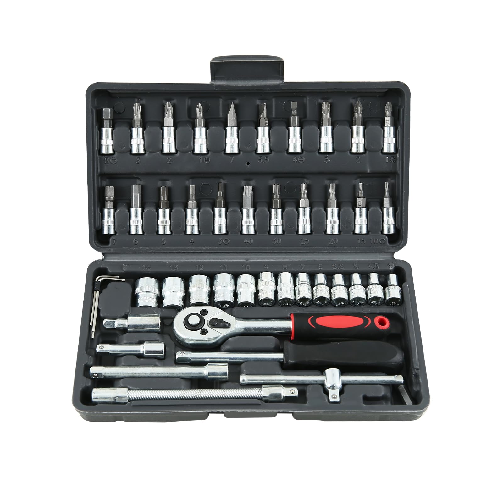 46 in 1 ソケットレンチセット ソケットラチェットレンチ 六角ソケットツールセット 六角レンチ ラチェット ガレージツール 自動車修理ツール 収納ケース付き 差込角6.35mm 1/4インチ 車 整備 修理 メンテナンス