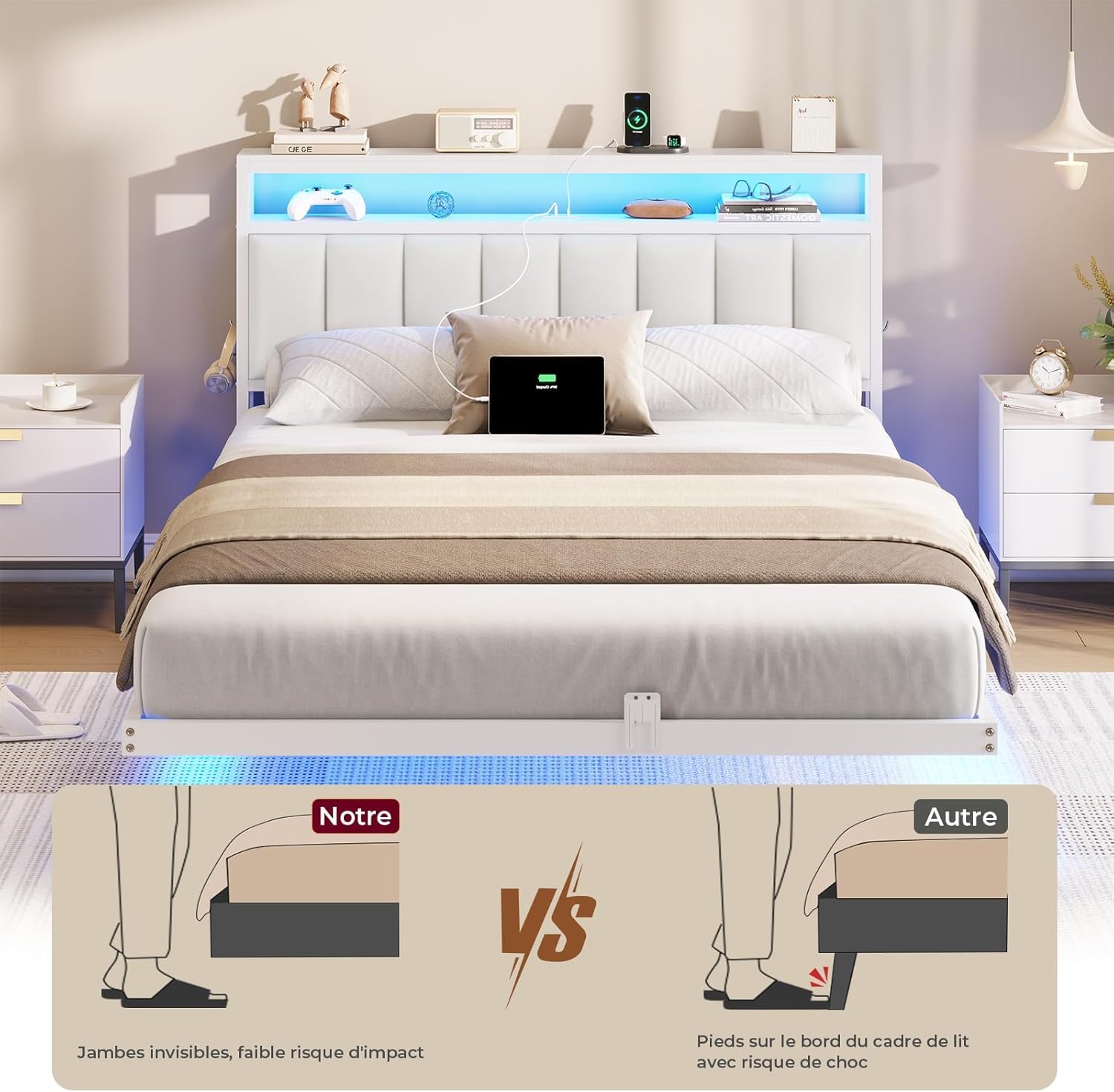 AOGLLATI Cama 140 x 190 cm con Iluminación LED y Estación de Carga, Camas Matrimoniales con Cabecero Tapizado en PU, Cama Matrimonio con Espacio de Almacenamiento, Diseño Visual Flotante, Blanco