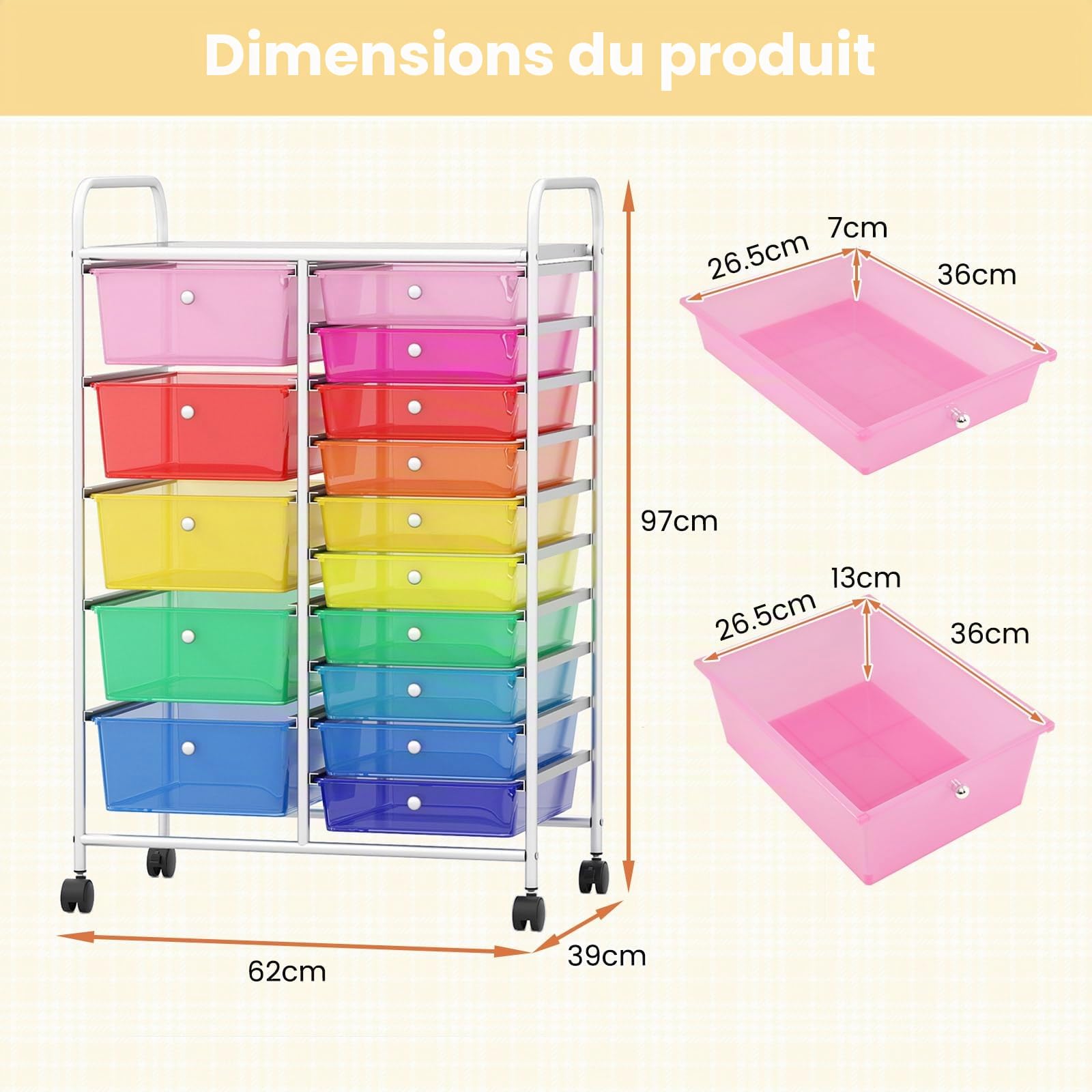 GIANTEX Chariot de salle de bain avec tiroirs empilables 10/15 avec roues universelles verrouillables, chariot de rangement pour la maison et le bureau, chariot de rangement sur roulettes (multicolore