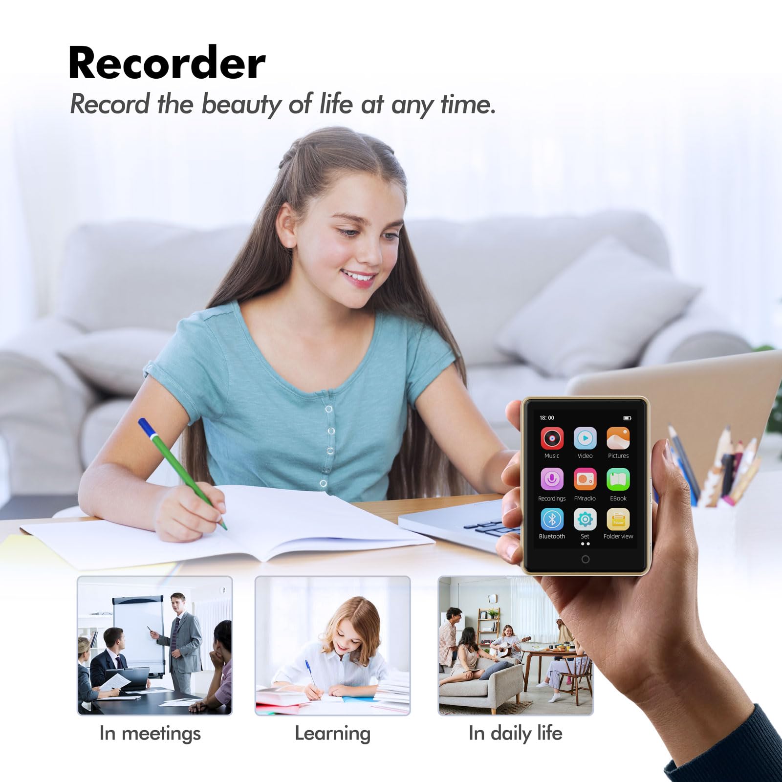Lecteur MP3 Bluetooth 5.3 64Go 2.8" Écran HiFi Audio MP4 Baladeur Sport Radio FM Podomètre Enregistreur Carte 128Go Or