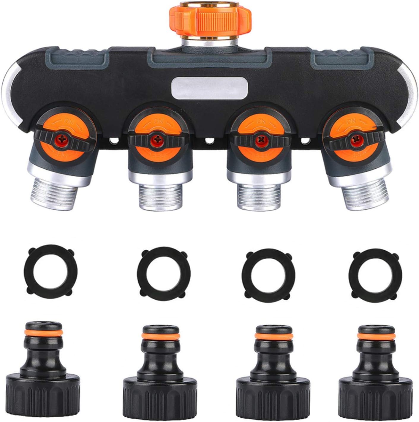 YAAVAAW 4 Way Garden Hose Splitter,3/4 Inch Zinc Alloy Garden Tap Splitter Outdoor Utility Hose Connector,Comfortable Rubberized Tap Connector with 4 Connectors and 4 Rubber Washers