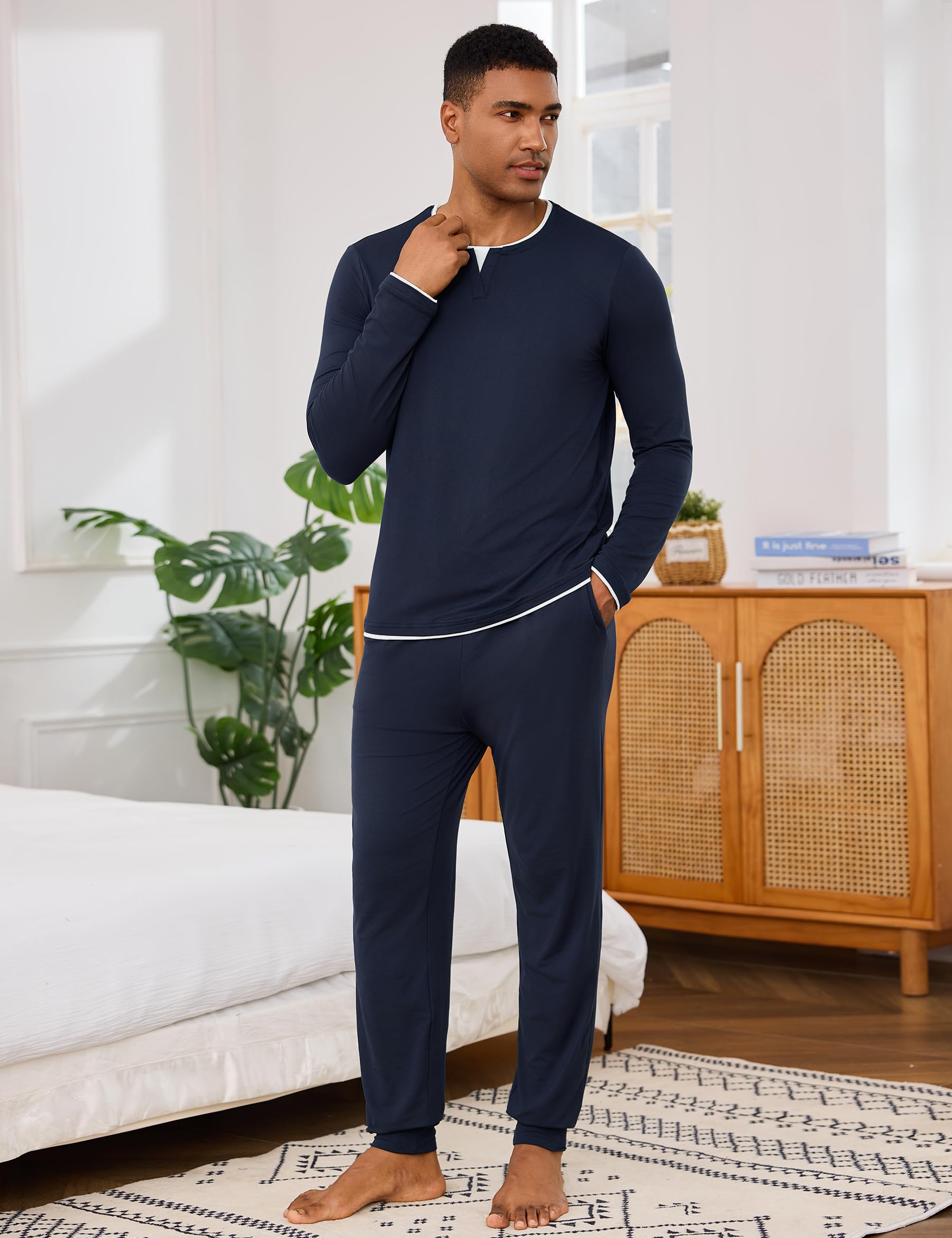 Pijama Hombre Invierno Algodón Manga Larga con Cuello Redondo Diseño de Escote con Efecto de Capas Conjunto de Dormir Cómodo para Casa