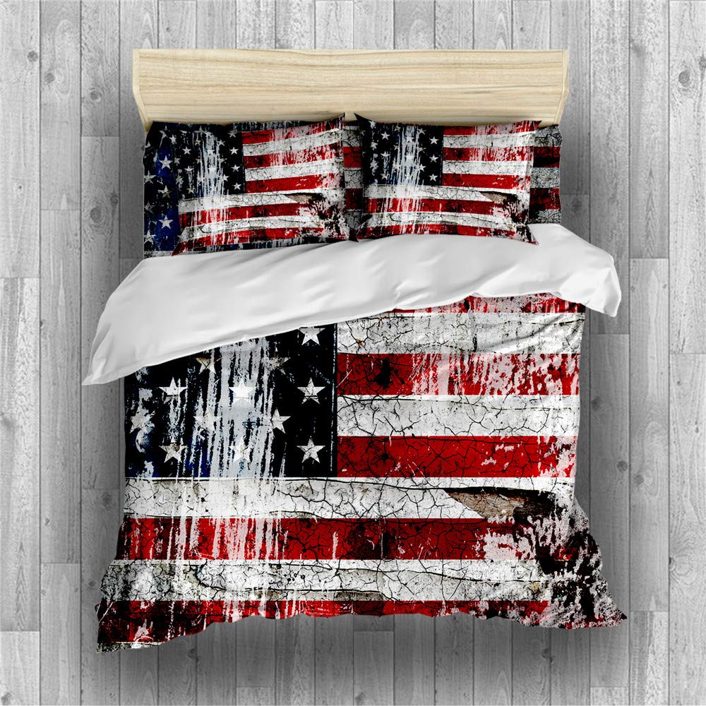 REALIN Stars and Stripes Duvet Cover Set Vintage American Flag Bedding Red White Blue Bed Sets 2/3/4PCS Quilt Covers/Sheets/Pillow Shams,Twin/Full/Queen/King (F,Full-200x229cm-3PCS)