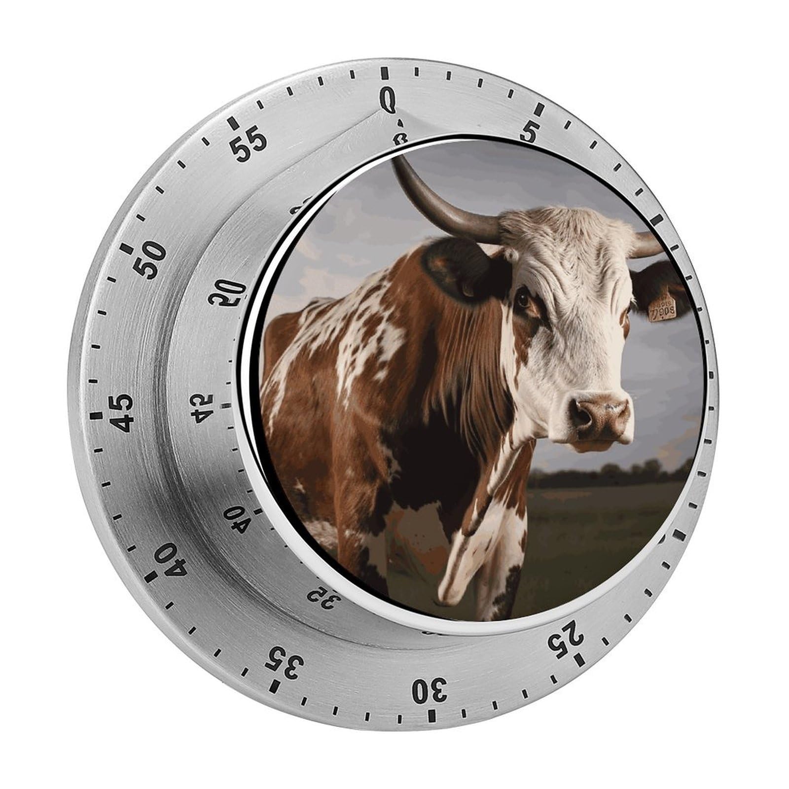Mechanical Kitchen Timer with Magnetic Back, Stainless Steel Manual Cow Printed Timer for Cooking and Time Management