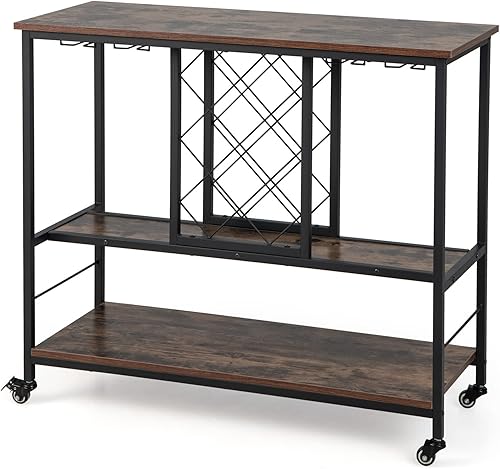 Miniatura 9 de Giantex Armario de bar de vinos de 3 niveles con ruedas, estante para 8 botellas y colgador de 12 vasos, mesa de vino de madera con marco de metal,