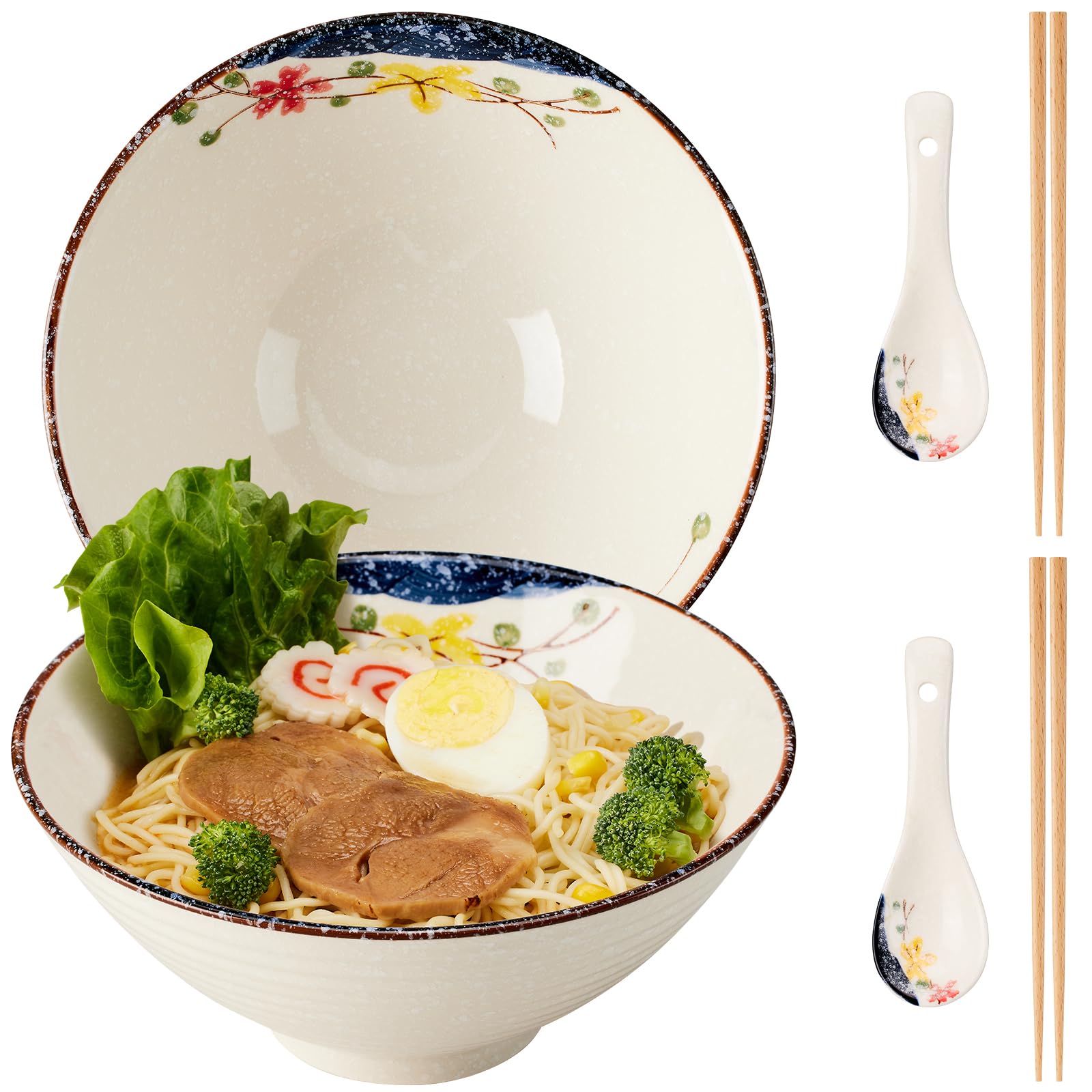 hengshukeji Japanese Ramen Bowl Set, 2-Piece, 1200ml Large Ceramic Noodle Bowls with Chopsticks and Spoon, Microwave & Dishwasher Safe, Perfect for Pho, Soup (Colorful Flower Set (2-piece))