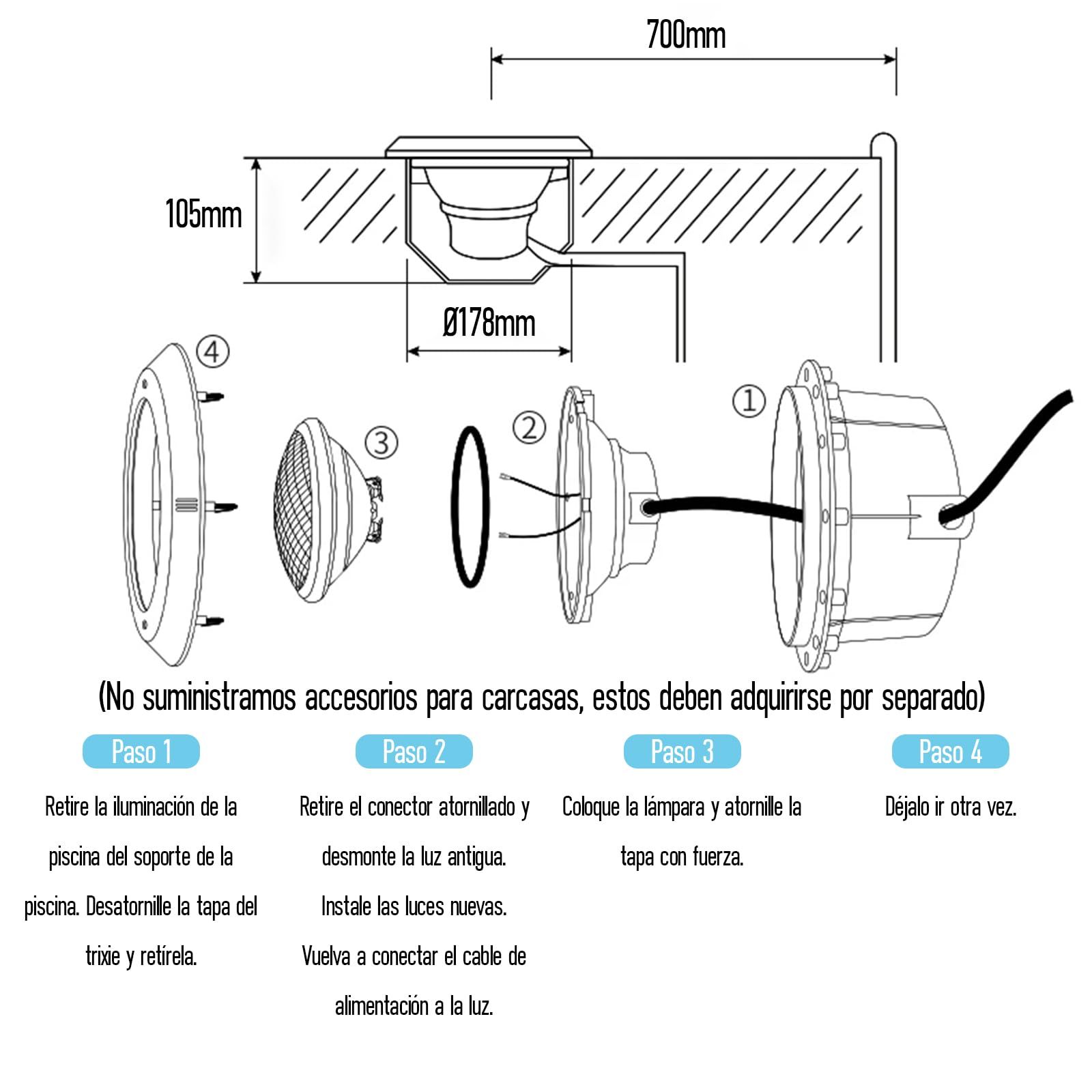 Piscina Sumergible Iluminación PAR56 18W Sustituye Lámpara de 150W 6500K Blanco Fría IP68 Impermeable 1800LM Foco de Piscina Exterior Ángulo de Haz 120° CA/CC12V