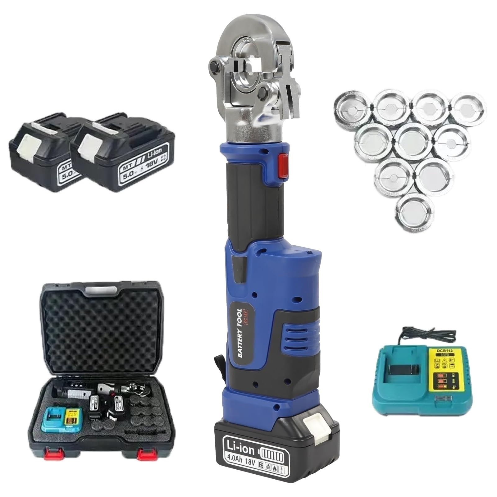 AYCDL Electric Hydraulic Crimping Tool Kit, Hydraulic Crimping Pliers, Rechargeable Hydraulic Wire Crimper with LED Digital Display, 12 Pairs of Dies, 16-300Mm2 Range