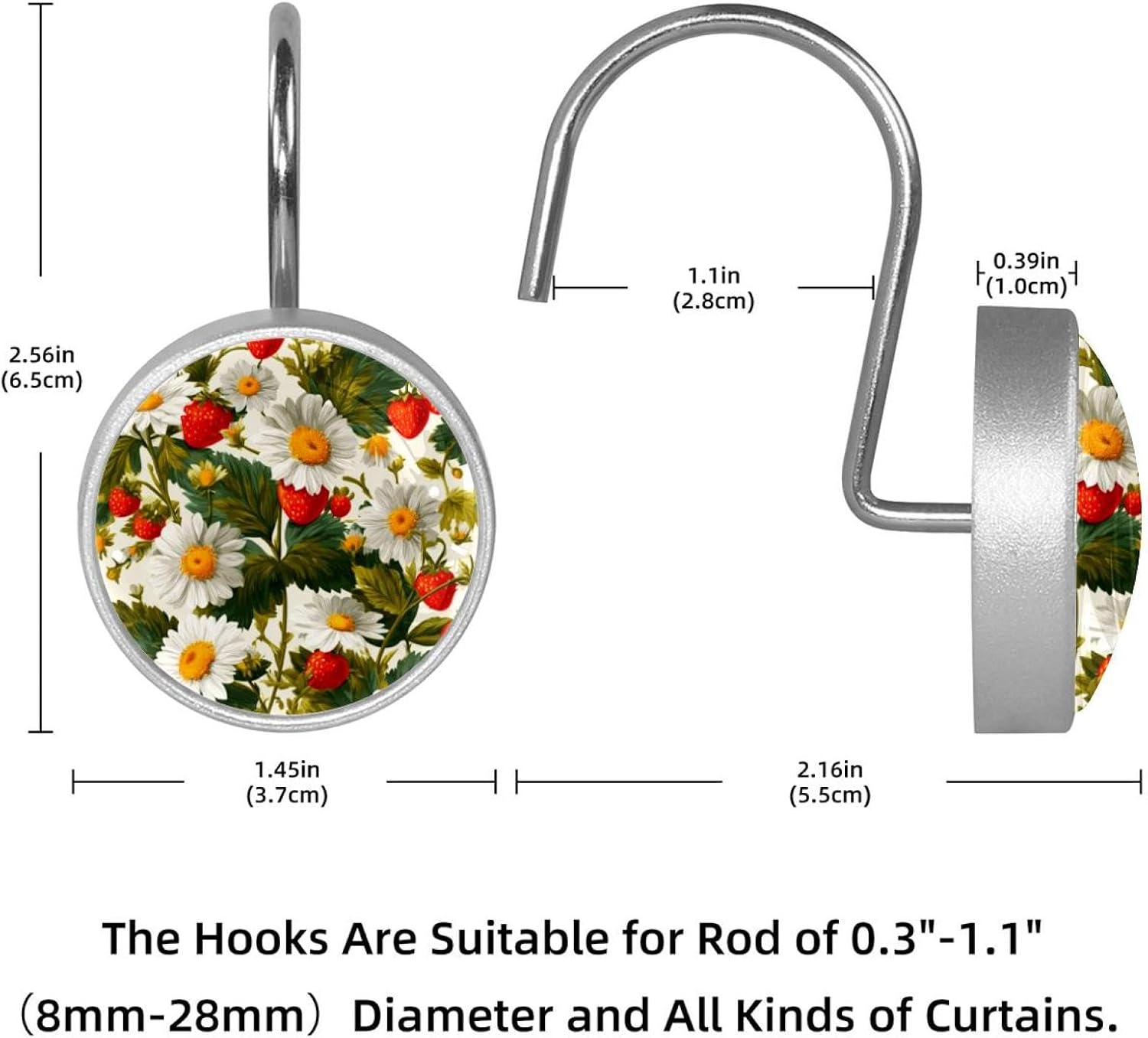 Shower Curtain Hooks, Home Decorative Daisy Flower Strawberry Pattern (1) Shower Curtain Rings for Bathroom, Rustproof Stainless Steel Shower Curtain Hangers Bathroom Accessories, Set of 12