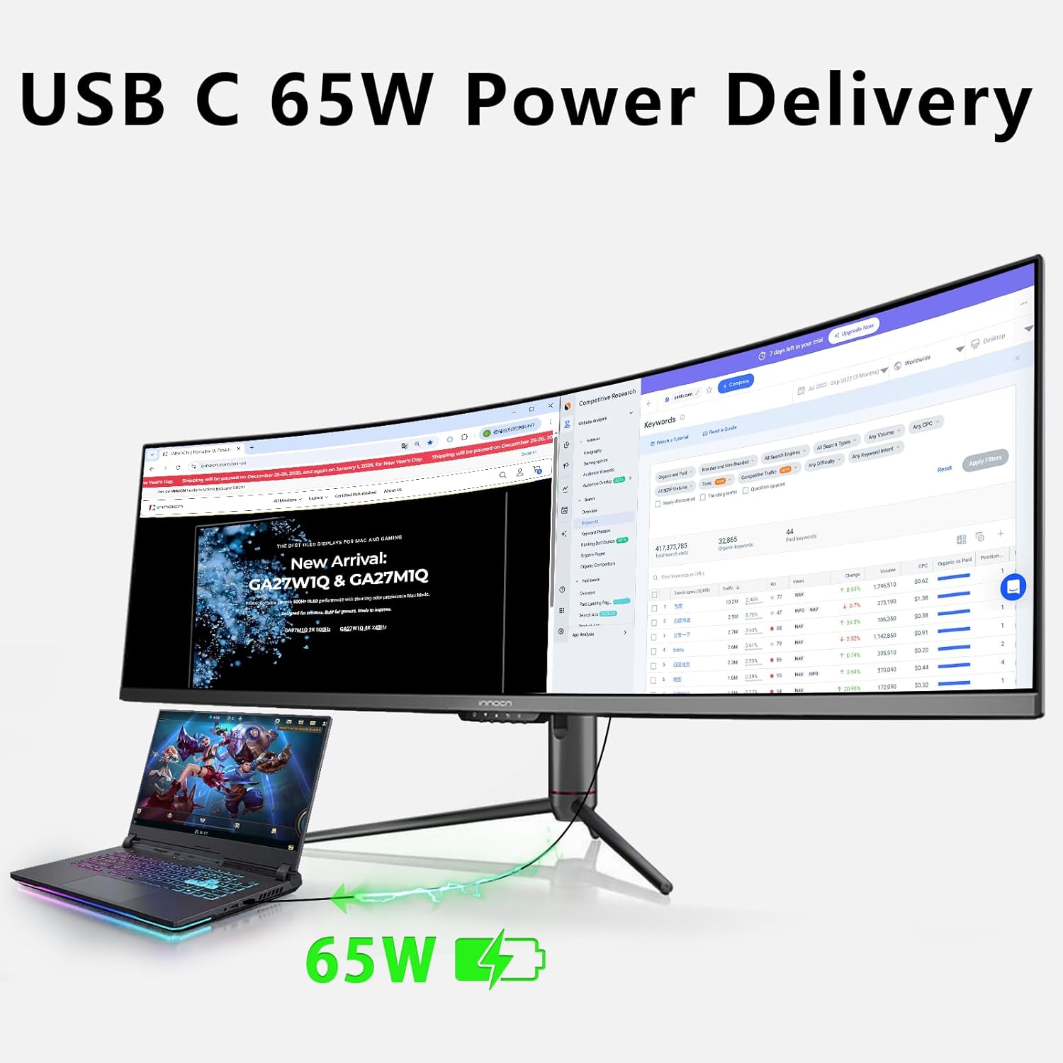 INNOCN Ultrawide 49" Curved 3840 x 1080P 144Hz 32:9 Monitor, Screen Split PIP PBP for Workflow/Gaming, R1800, 99% sRGB, HDR400, USB C, DisplayPort, HDMI, Speakers, Adjustable, Black (HDMI+DP Cable)