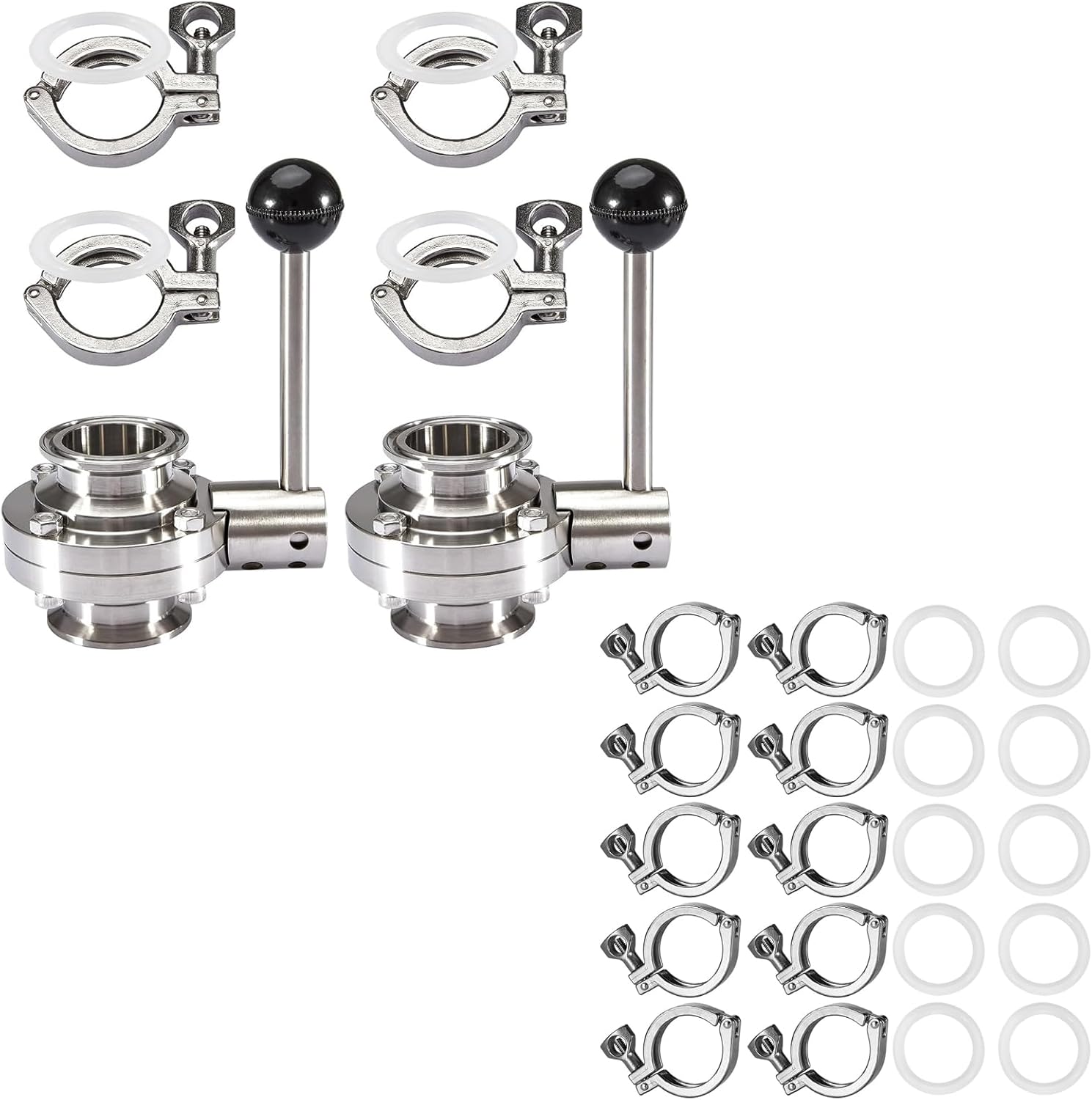 Pindex 2 Inch Heavy Duty Butterfly Valves with Pull Handle and 2" 190g Heavy Duty Tri Clamp with Silicone Gasket 304 Stainless Steel Sanitary TC Fittings