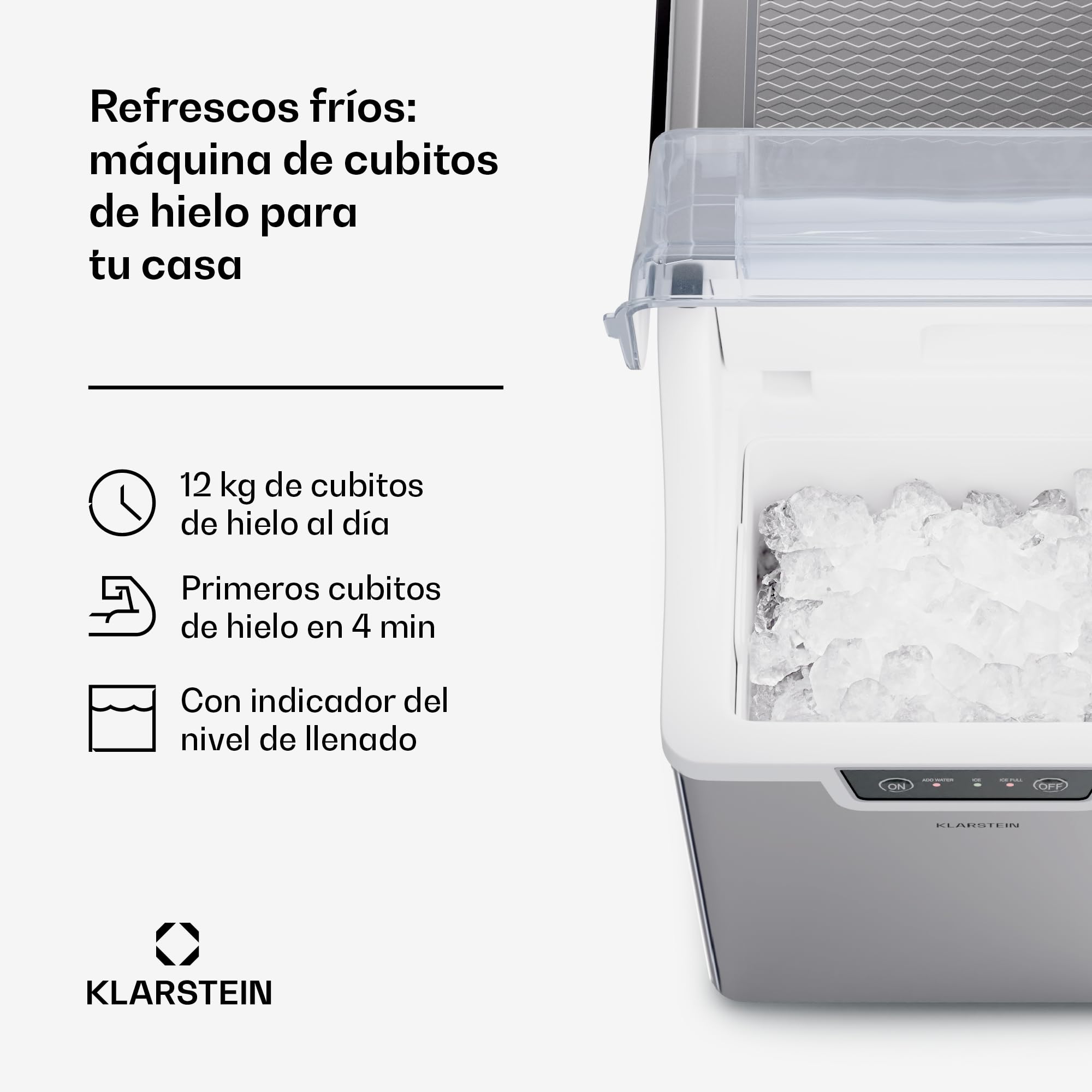 Klarstein Maquina de Hielo para Casa 200W, Ice Maker 15 kg, Maquina para Hacer Cubitos de Hielo Portátil Domestica para Casa Rápida, Ice Maker Machine con Alarma Seguridad