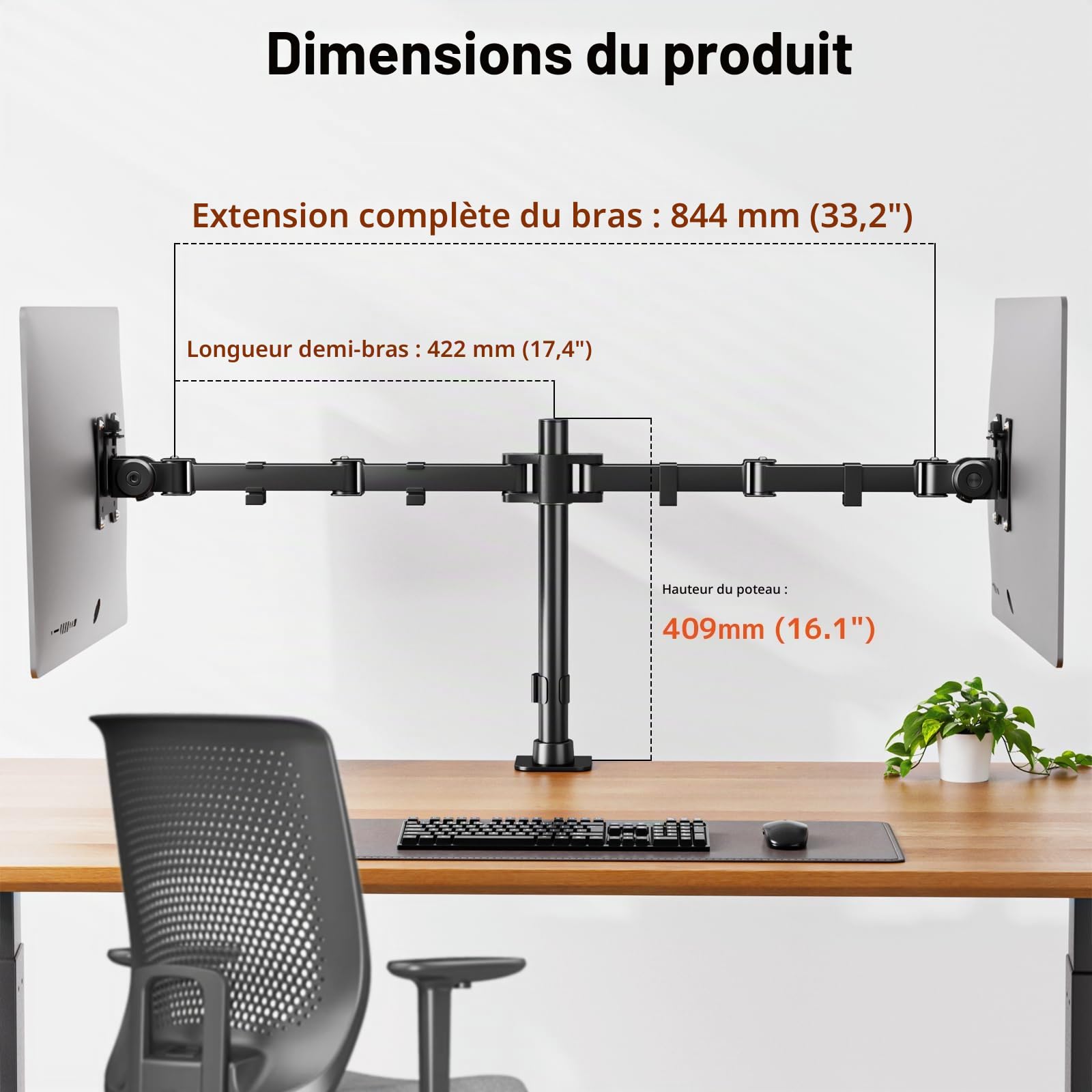Support Ecran PC 2 Ecran pour 17~35 Pouces, Réglable Plat et incurvé Bras Double ecran pc, 20 kg par Bras, VESA 75 x 75/100 x 100