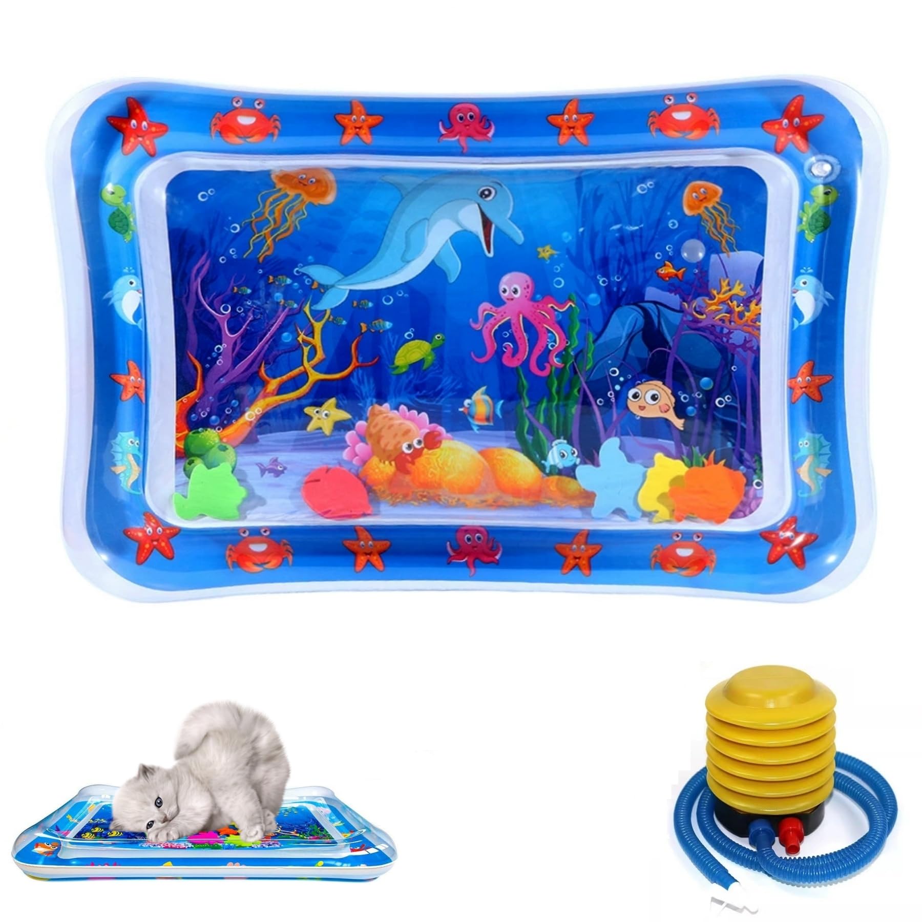 Pet Water Bed, Ocean Breeze Splashland for Cat Dog, Cat Waterbed Toy with Fish, Thickened Anti-Scratch Water Mat, Feel Cool Comfort (Rectangle A)