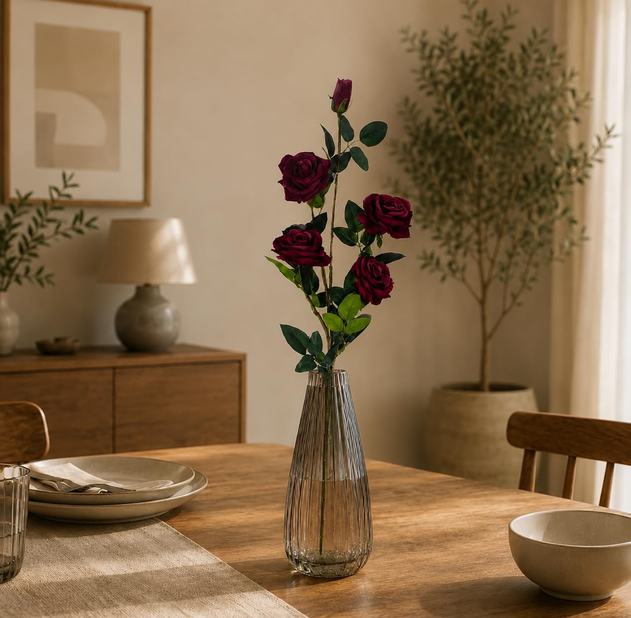 Artificial Velvet Rose Flower Stem, 5 Head, 112 cm Tall, Pack of 2, for Home Decor, Vase, Wedding, Available in | (Red)-image-27