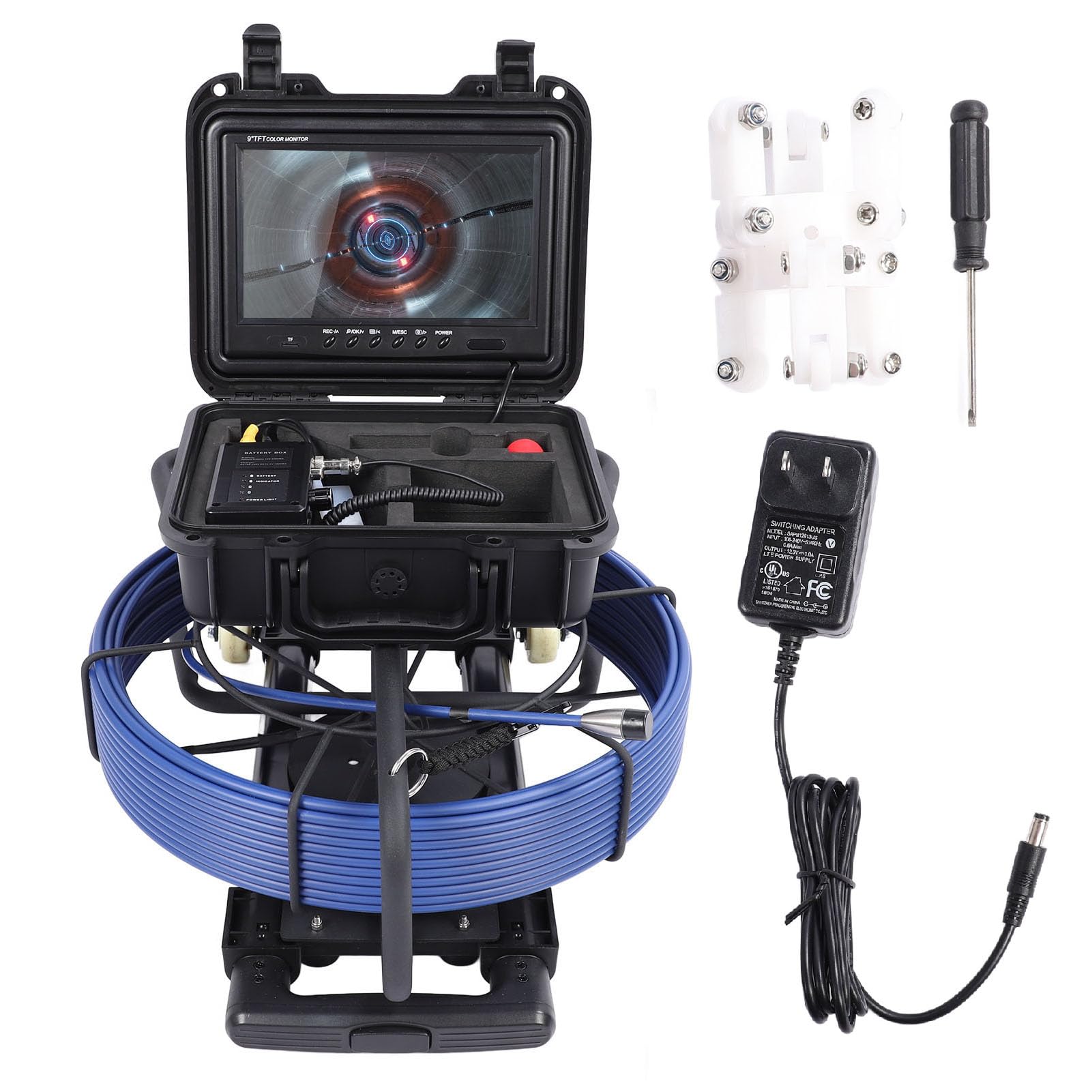 Pipe Inspection Camera 100FT Cable 9 Inch LCD Display IP68 DVR for Plumbing (US Plug AC100-240V)