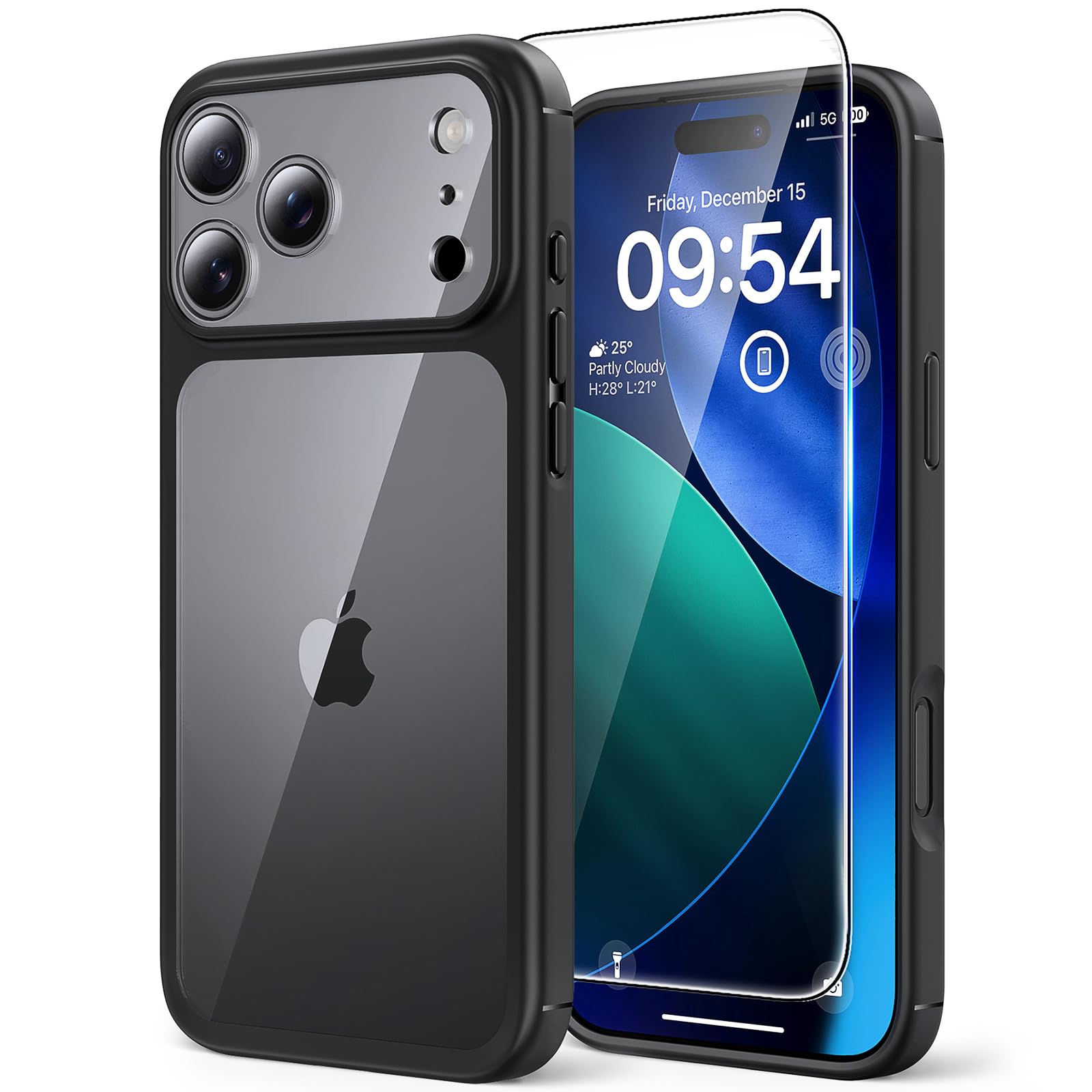 TAURI Cover per iPhone 17 Pro Max, Nero | con Pellicola in Vetro Temperato,Trasparente Custodia per Sottile Anticaduta