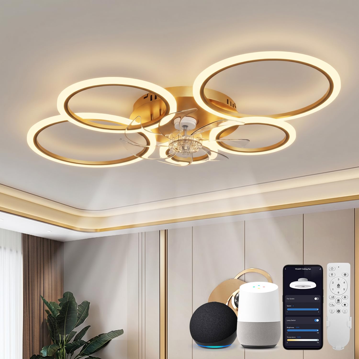 Deckenleuchte mit Ventilator Kompatibel mit Alexa, Google Assistant, Ring Deckenventilator mit Beleuchtung Leise, Dimmbar, 6 Stufen, DC Motor, Winterbetrieb, Moderne Ventilator Lampe Decke
