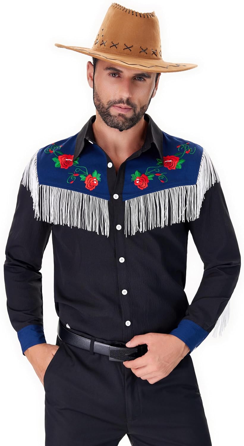 Men's Western Cowboy Fringe Shirts Long Sleeve with Embroidered Rose Button Down Hippie Shirt