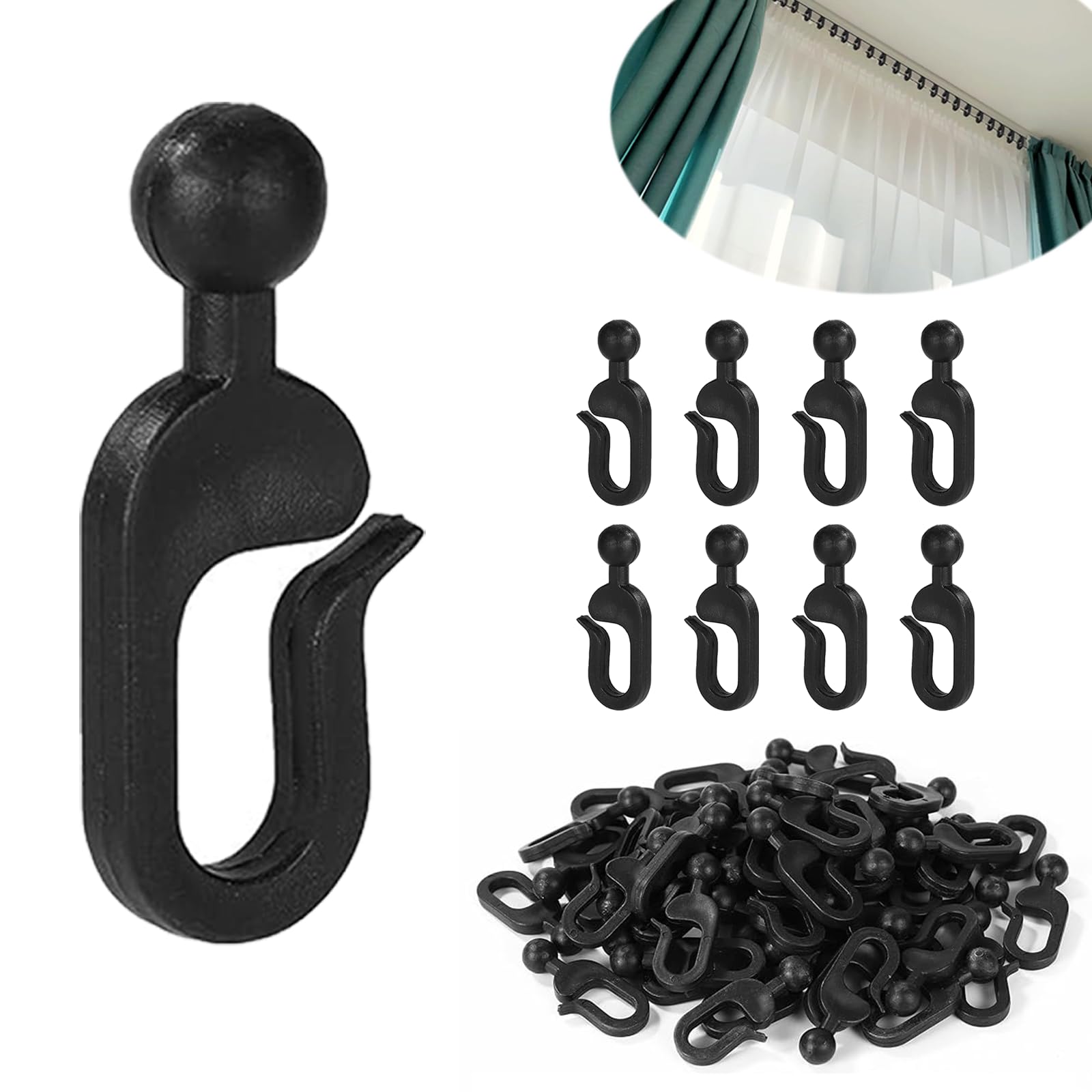 50 Packs Plastic Curtain Hooks, 42.5x15mm Black Rustproof Gliding Hooks for Gazebo & Mosquito Nets, Curtain Rail Hooks with Durable Plastic Design - Outdoor Pergola Windproof Accessories