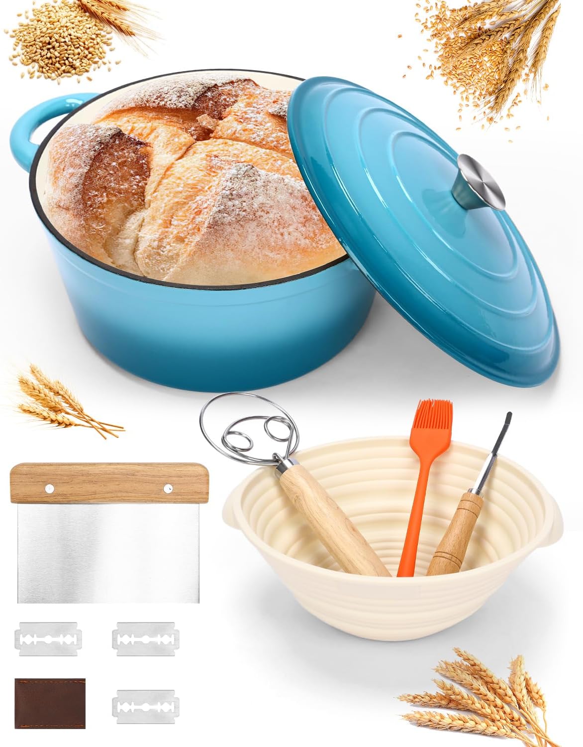 6 QT Enameled Cast Iron Bread-Oven with Lid, Dutch Oven for Bread Baking, incl. Sourdough Bread-Baking Supplies like Bread Proofing Basket, Scoring Lame, Dough Whisk for Sour dough, Light Blue green 6QT