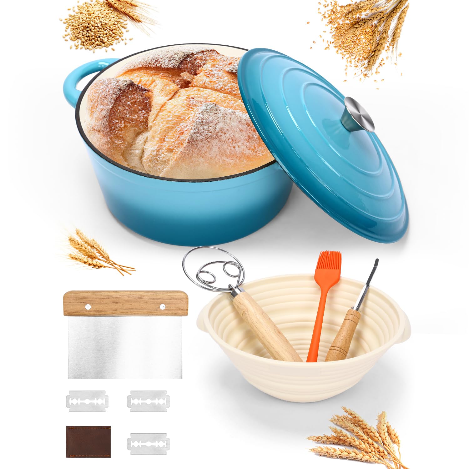 Four à pain en fonte émaillée de 6 l avec couvercle, cocotte pour la cuisson du pain, y compris les fournitures de cuisson du pain au levain comme le panier à pain, la lame, le fouet à pâte pour pâte