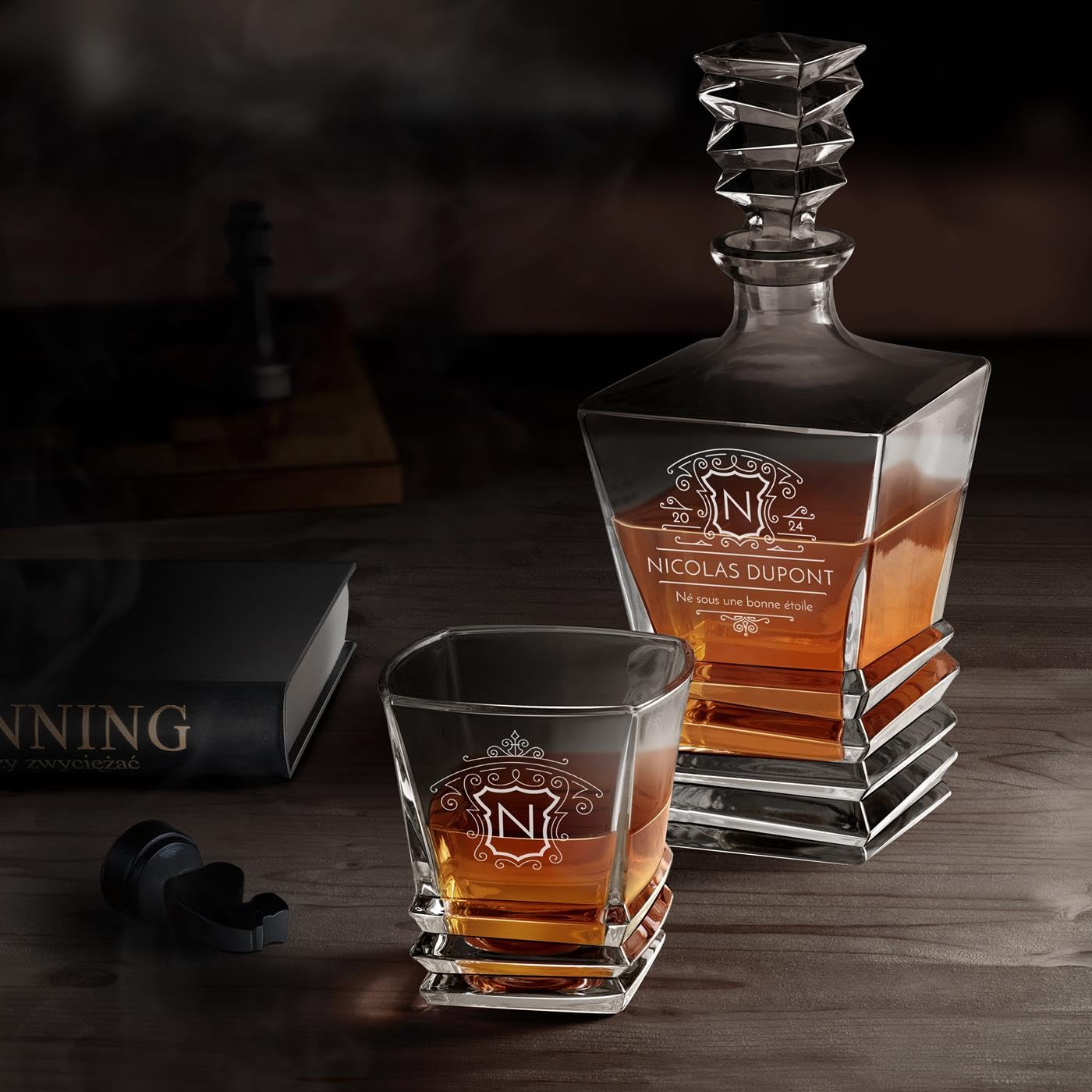 Maverton Décanteur à whisky avec 6 verres pour homme, Motif géométrique
