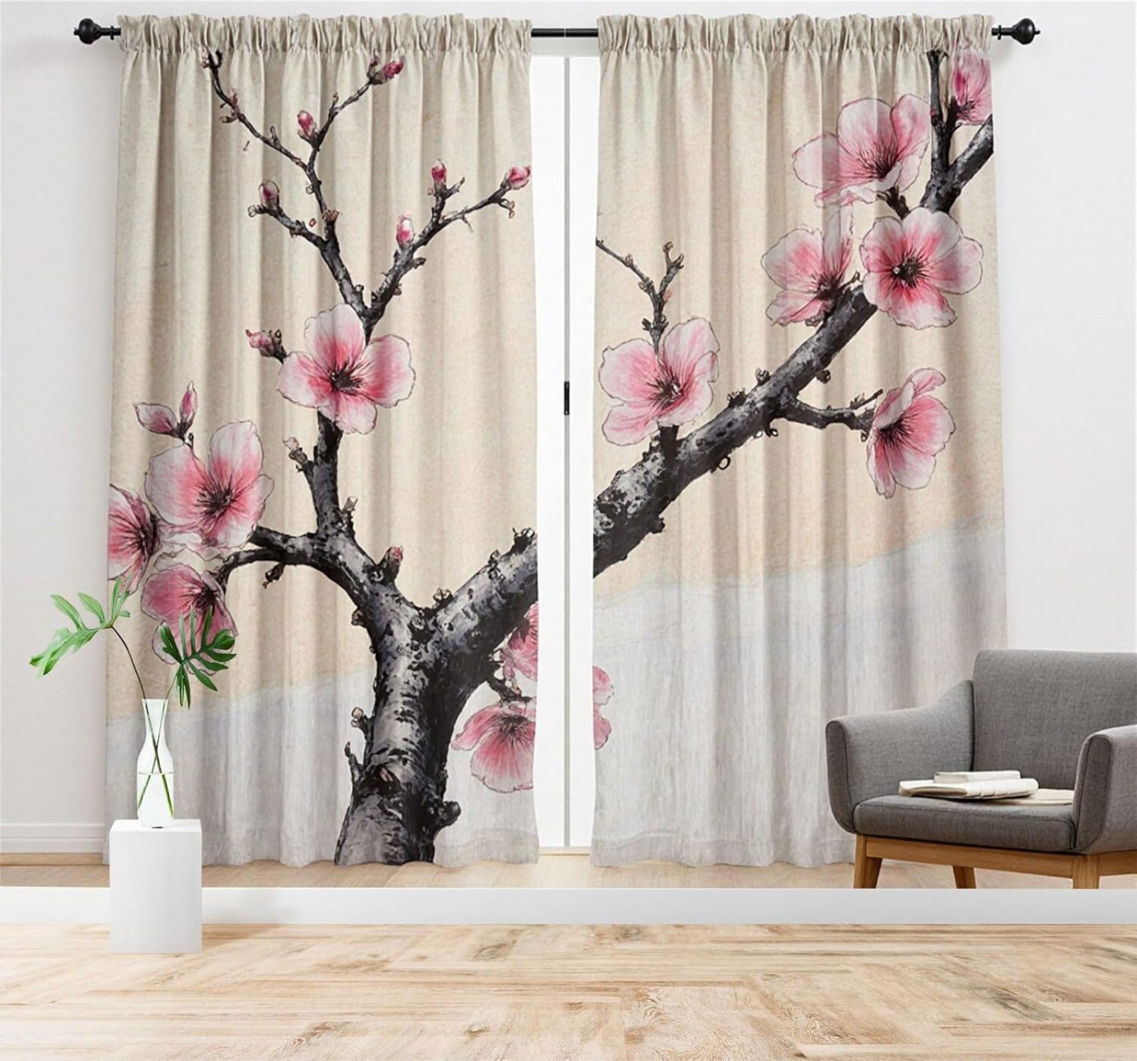 Tzxztt 150Cm×105Cm(B×H) Ink Wash Pink Cherry Blossoms Curtains Art Modern 3D Wallpaper Premium Textured Silk Neutral Tones Material Ideal For Living Room Bedroom-150Cm×105Cm
