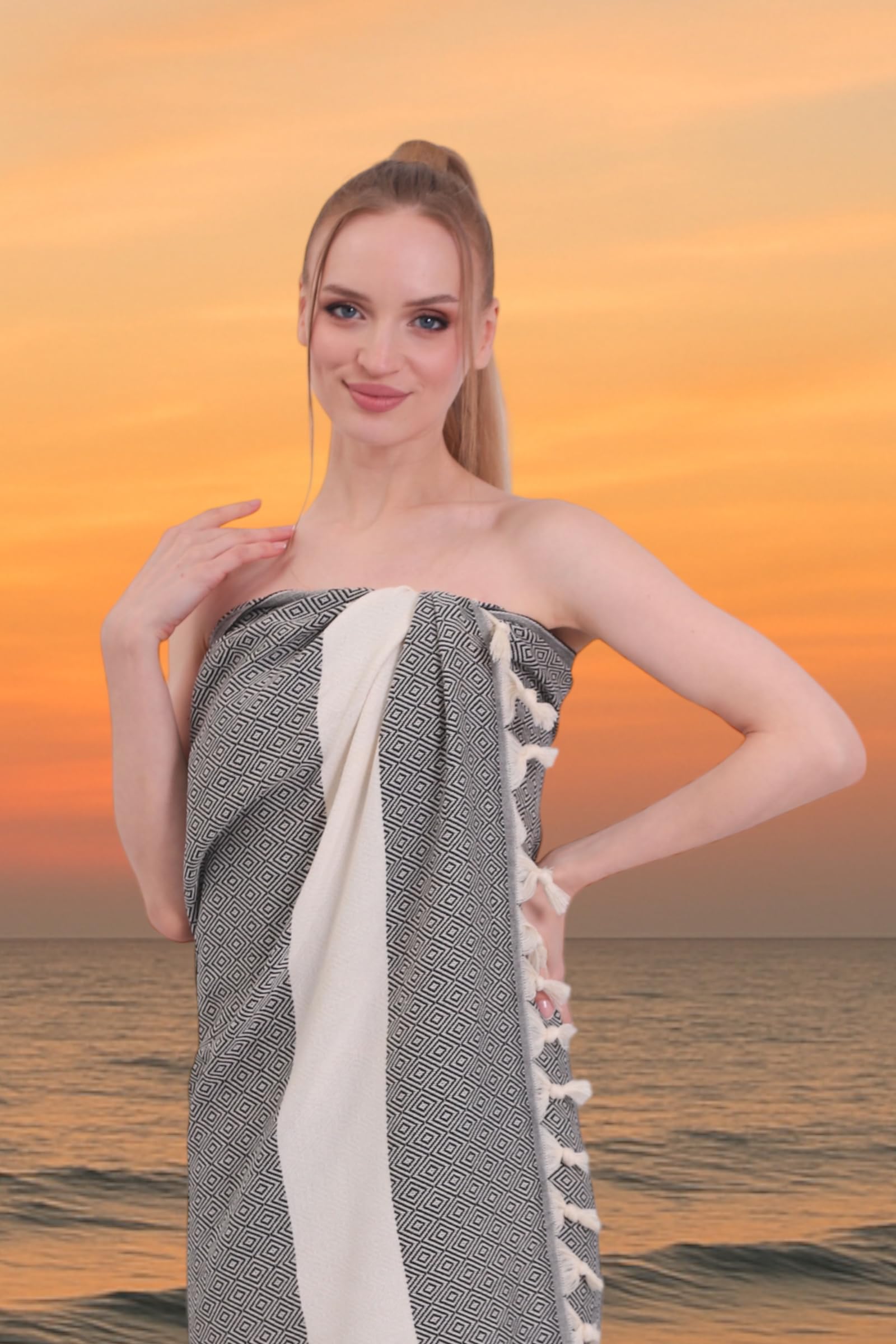 Lot de 2 serviettes de hammam et de sauna, serviette de bain Pestemal Fouta de qualité supérieure, élégante, serviette de plage Pestemal, design coloré et élégant (noir, lot de 2)